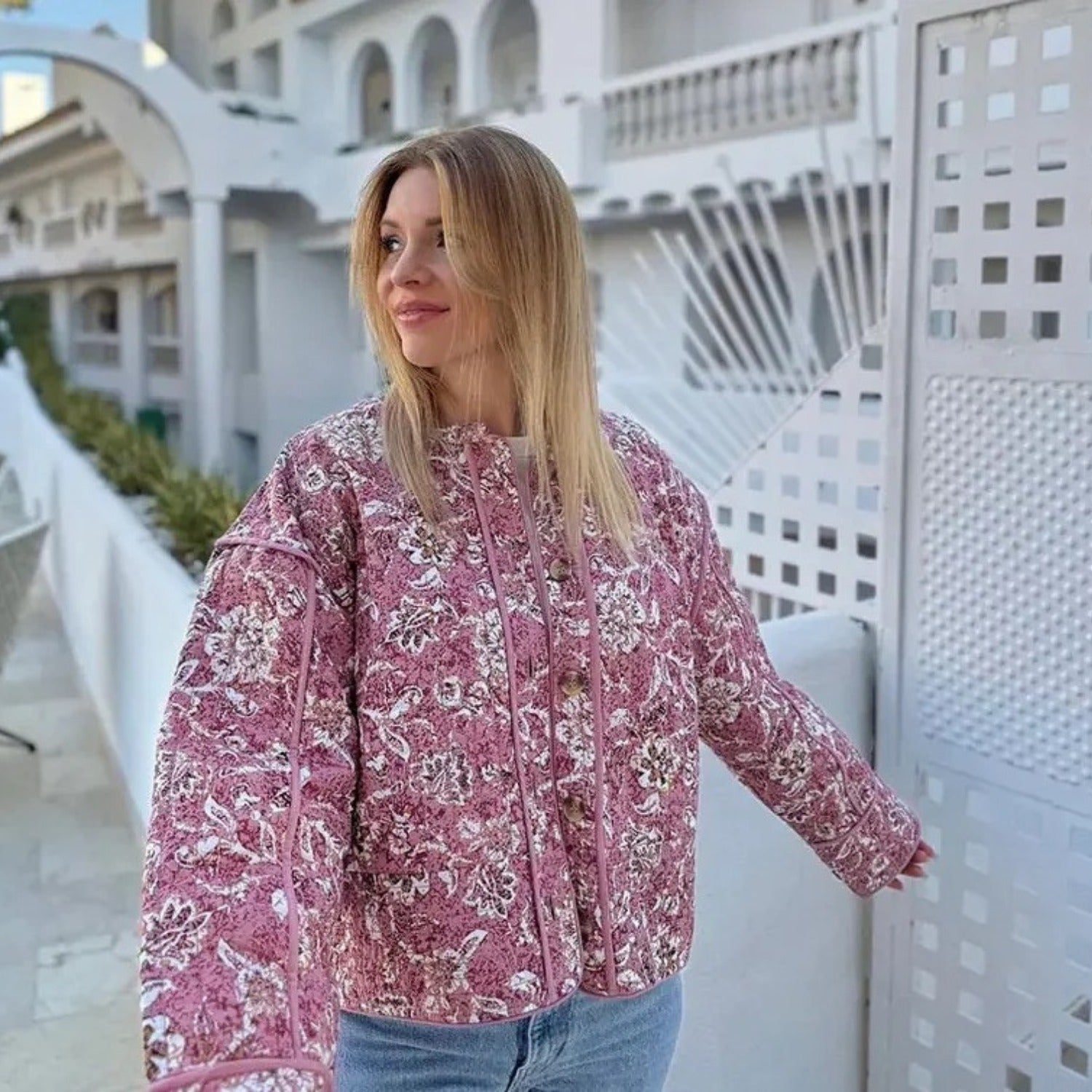 Floral Print Cotton Cardigan With Round Neck and 3d Texture (Women’s)