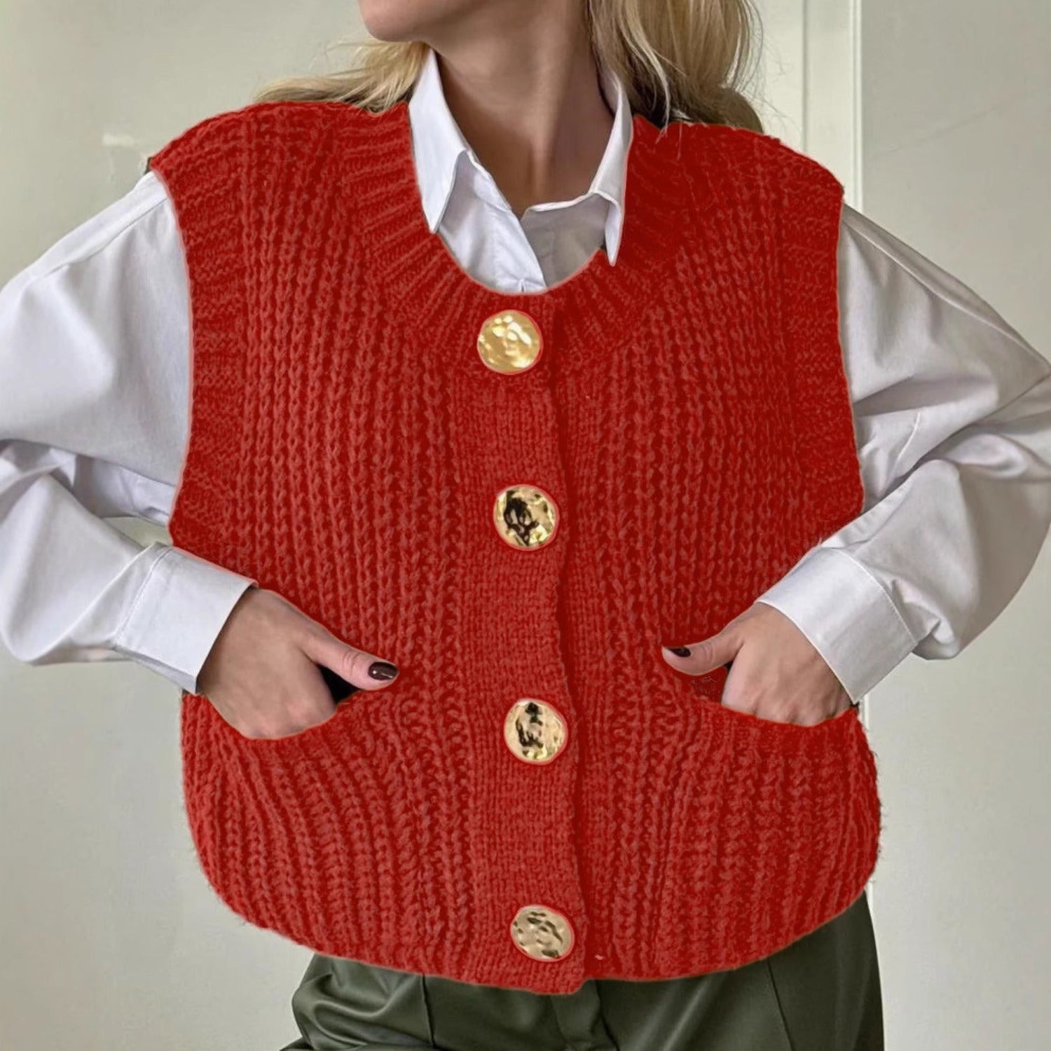Sleeveless Knit Vest With V-neck and Patch Pockets (Women’s)