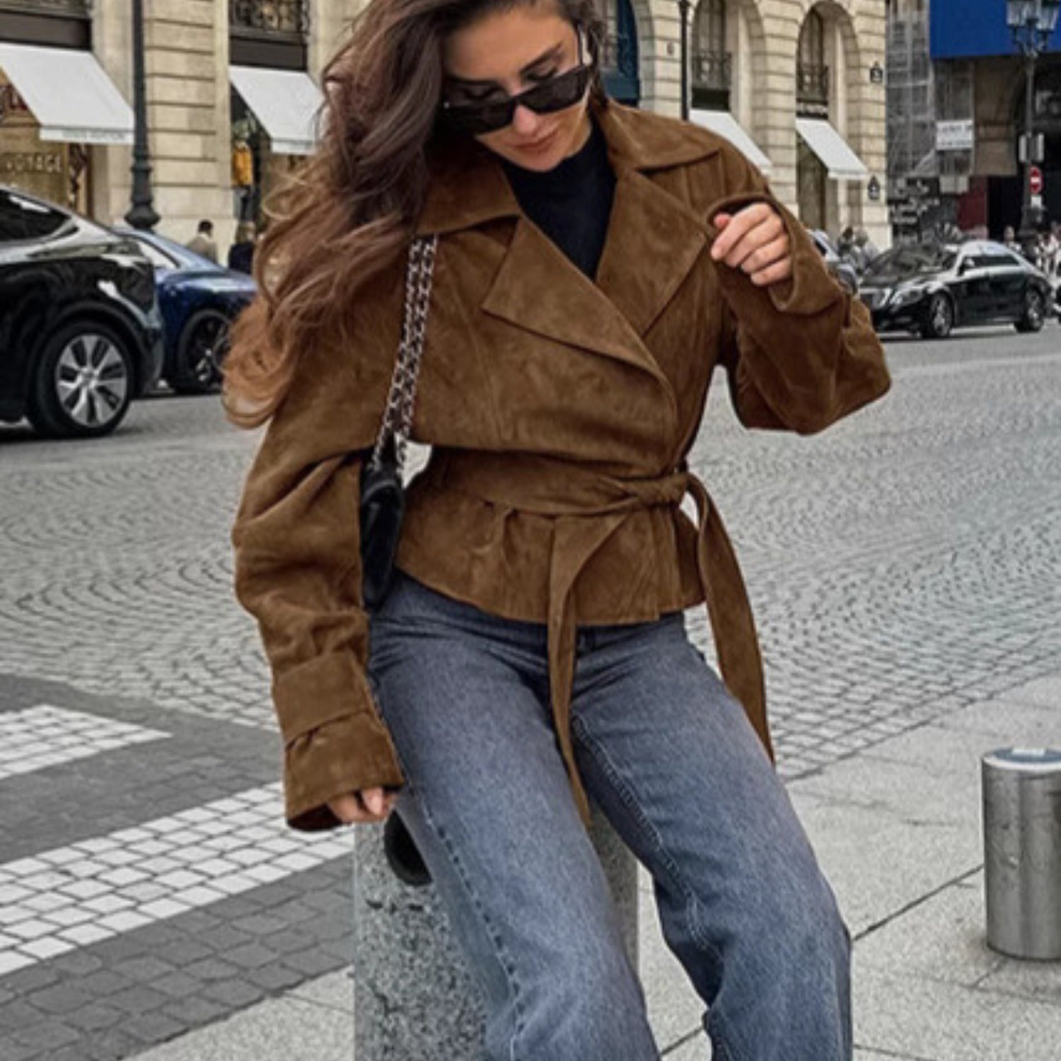 Double-breasted Suede Jacket With Suit Collar and Waist Tie (Women’s)