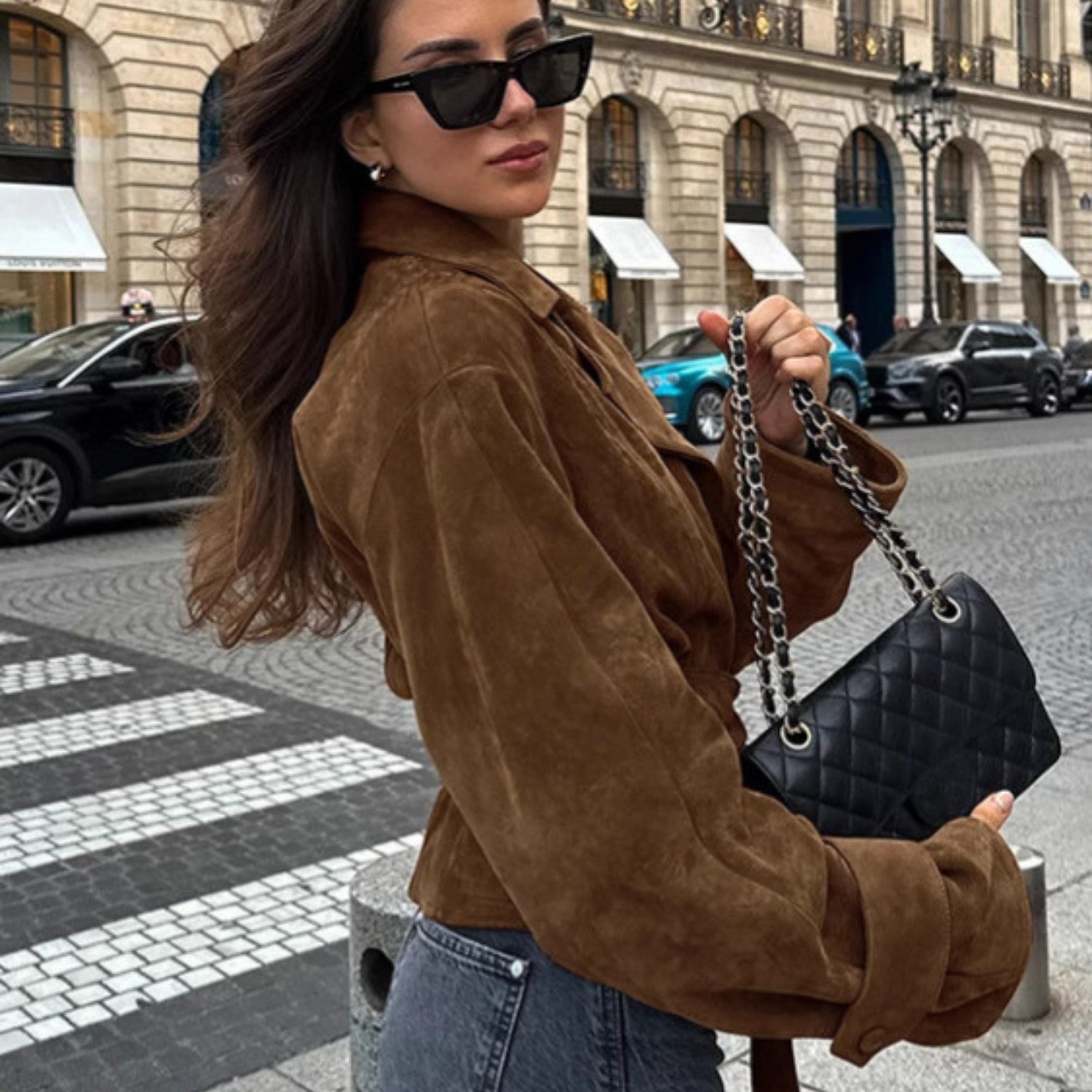 Double-breasted Suede Jacket With Suit Collar and Waist Tie (Women’s)