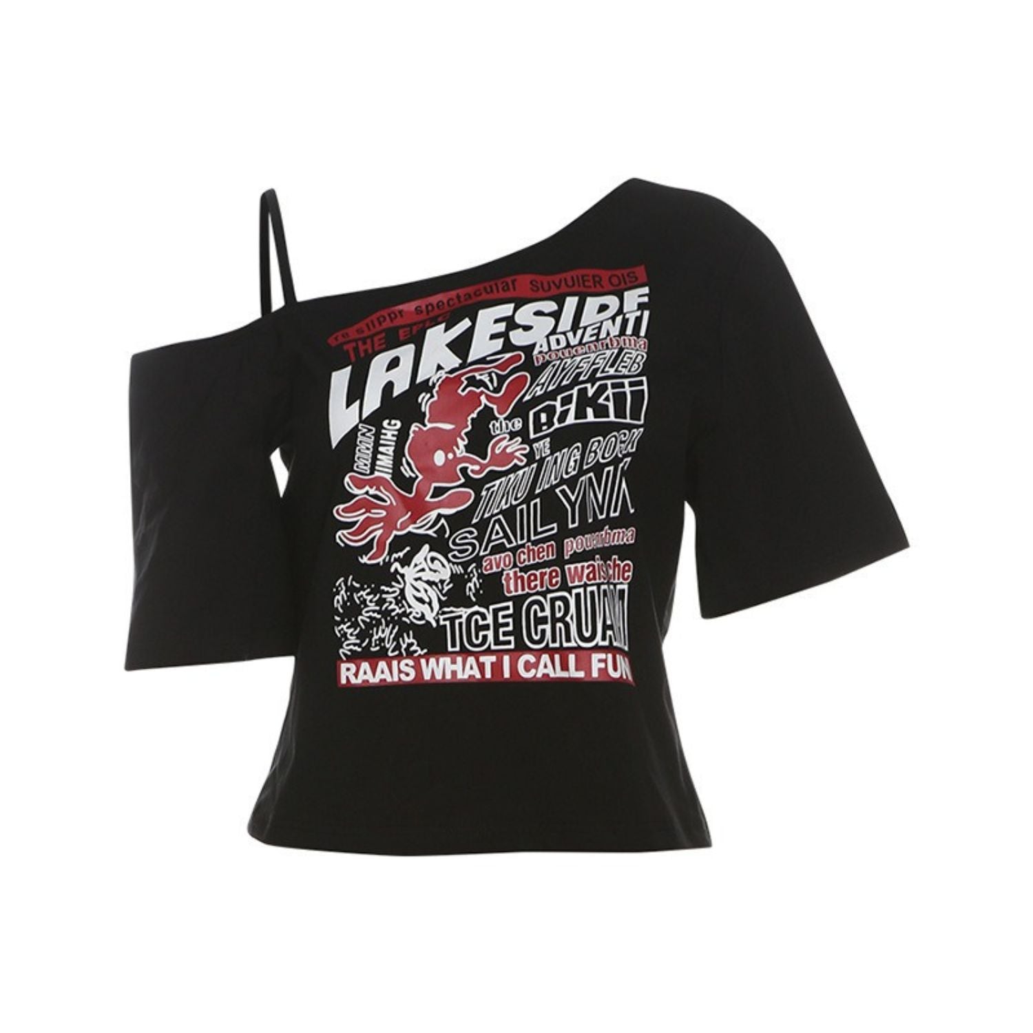 Black off-shoulder top with graphic design on a white background