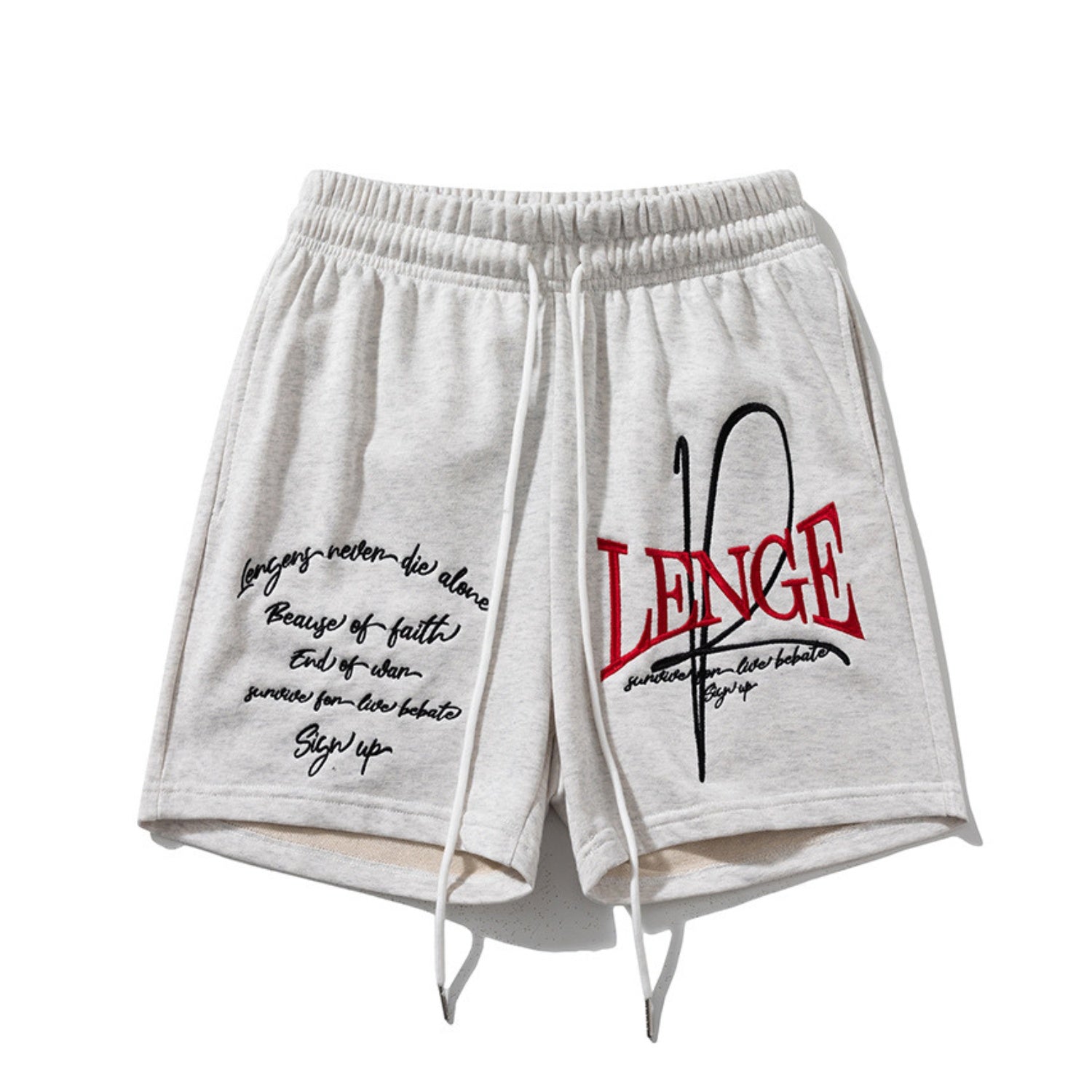 Light Gray Graphic Street Shorts with "LENGE" and Script Text