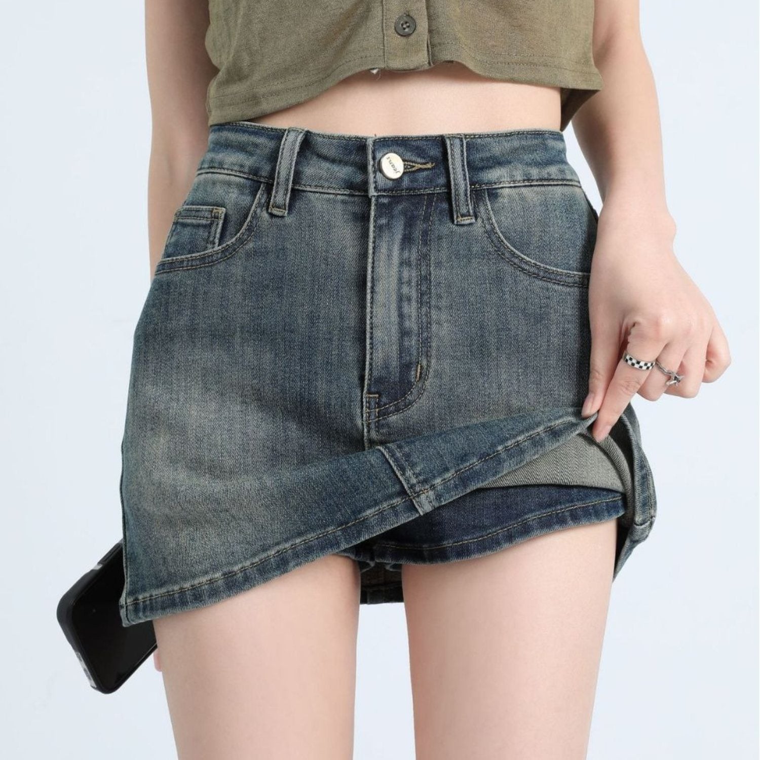 Retro Denim Mini Skirt with Built-In Shorts (Women’s)