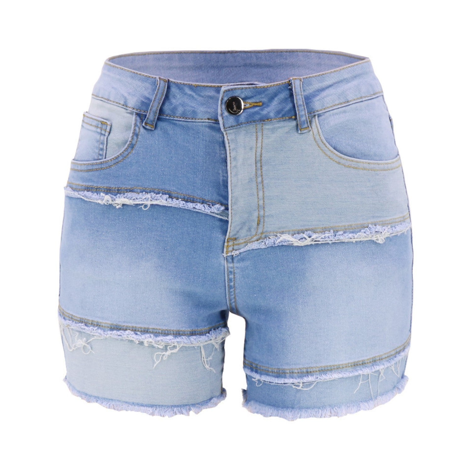 Light Blue Patchwork Washed Denim Shorts (Women’s)