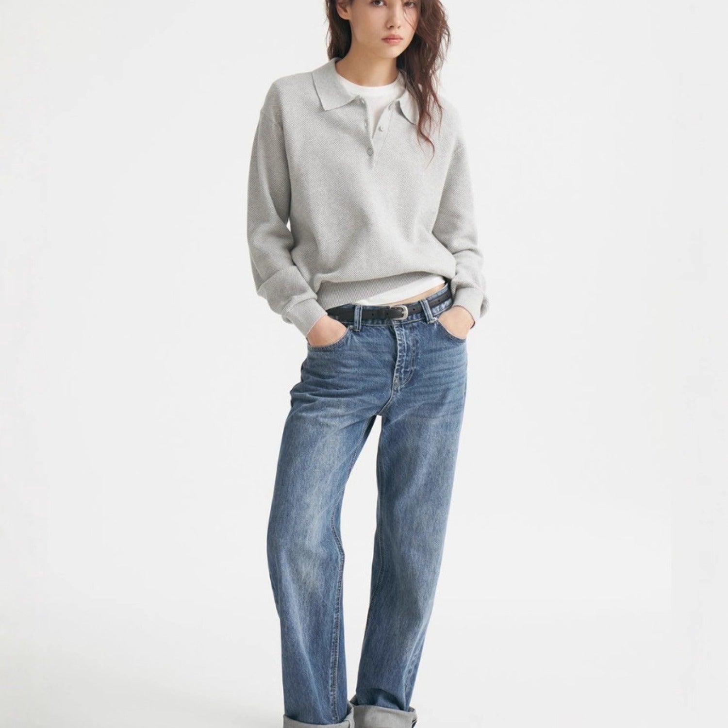 Layered Polo Collar Knit Sweater With Relaxed Fit (Women’s)