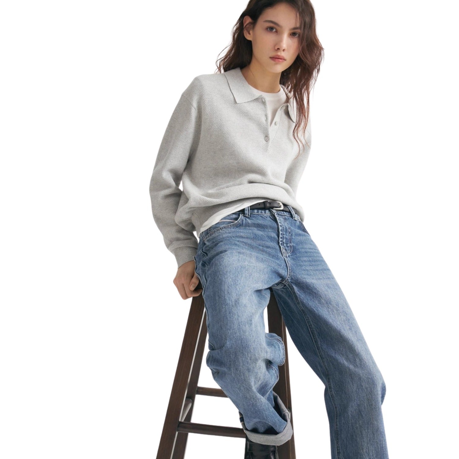 Layered Polo Collar Knit Sweater With Relaxed Fit (Women’s)