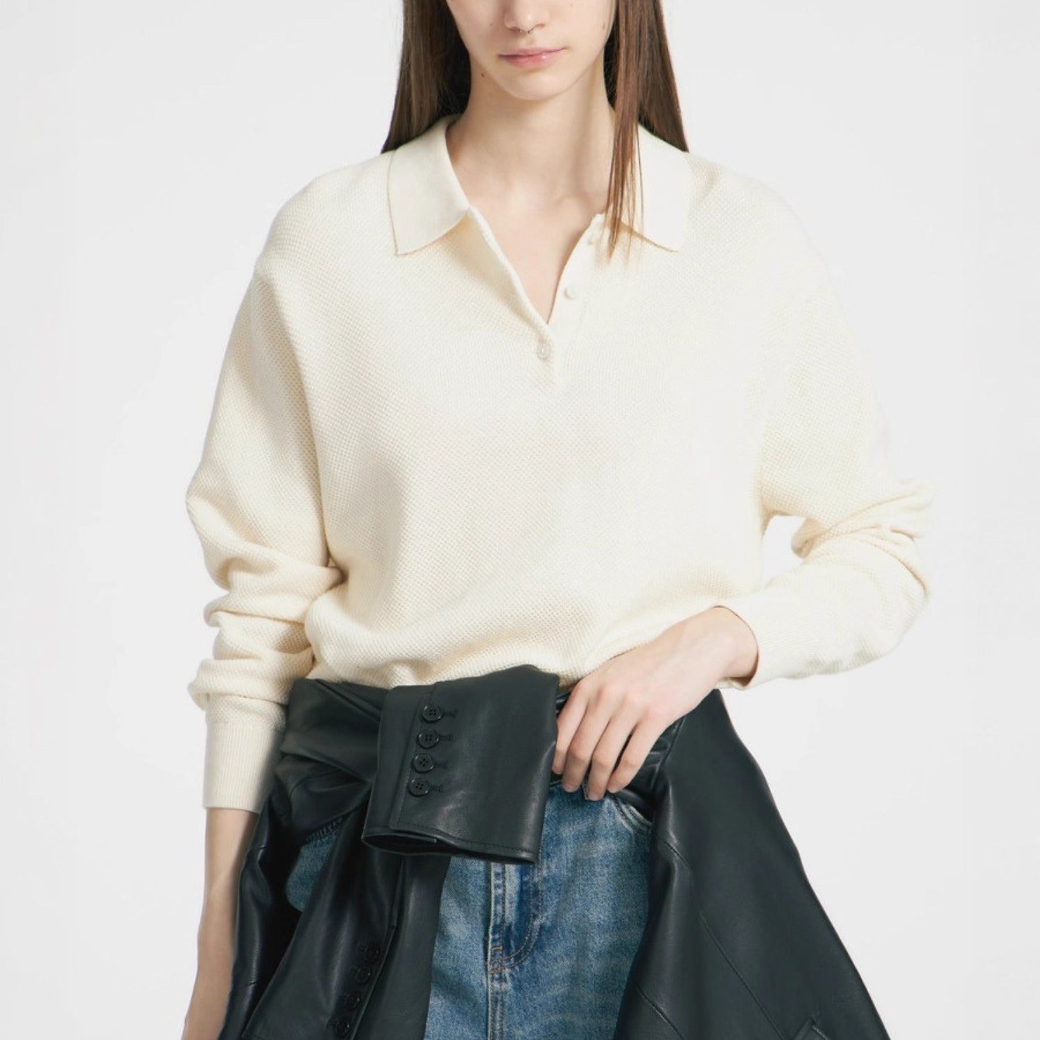 Layered Polo Collar Knit Sweater With Relaxed Fit (Women’s)