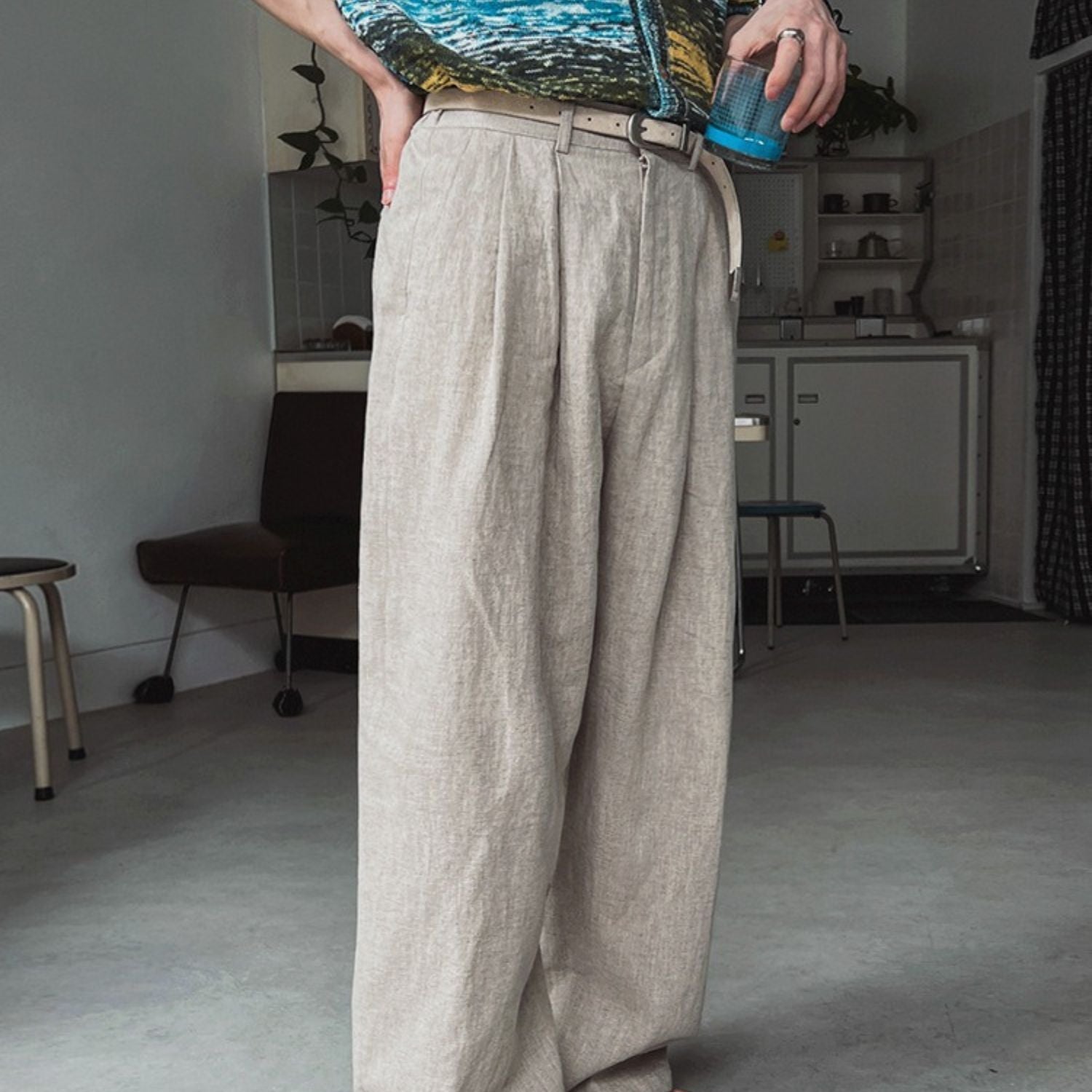 Linen Blend Wide-Leg Casual Pants (Men’s)