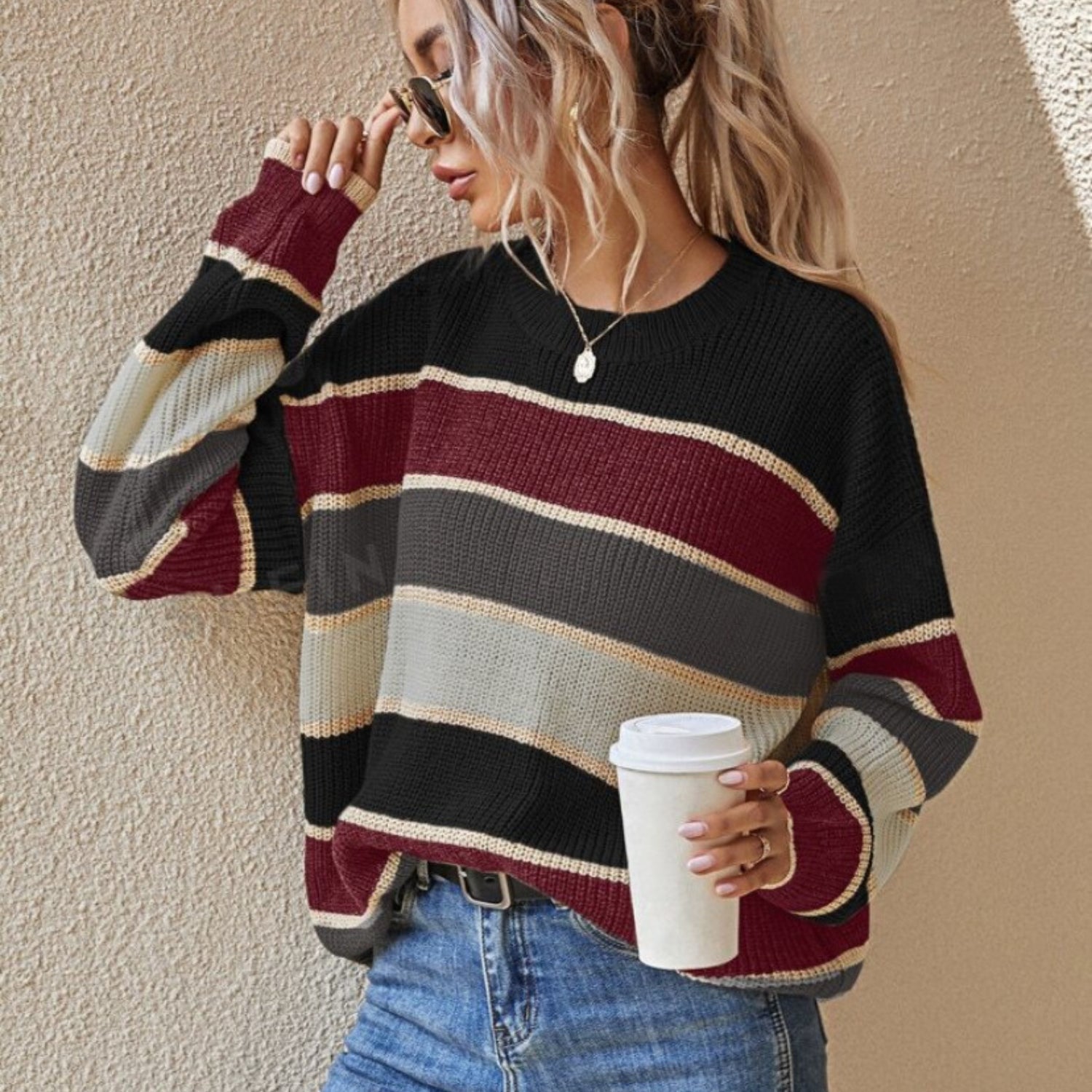 Striped Loose Fit Crew Neck Sweater (Women’s)