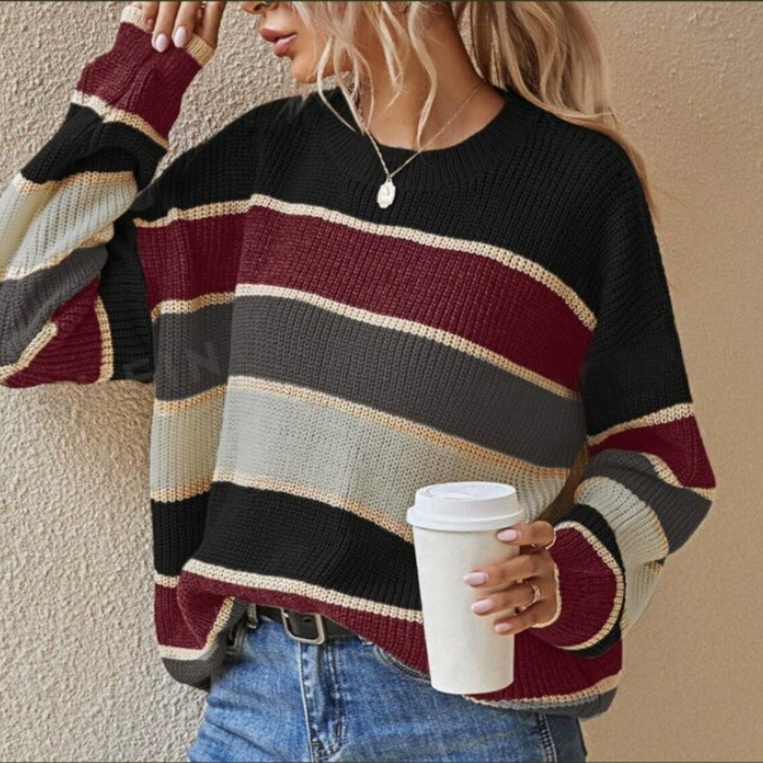Striped Loose Fit Crew Neck Sweater (Women’s)