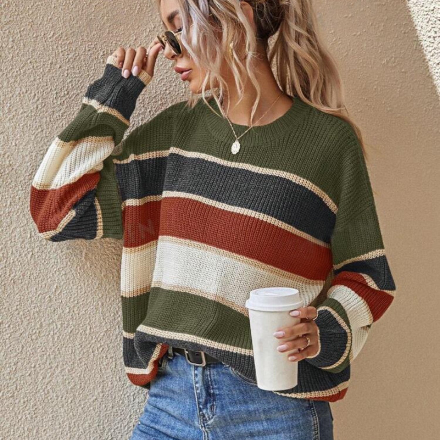 Striped Loose Fit Crew Neck Sweater (Women’s)