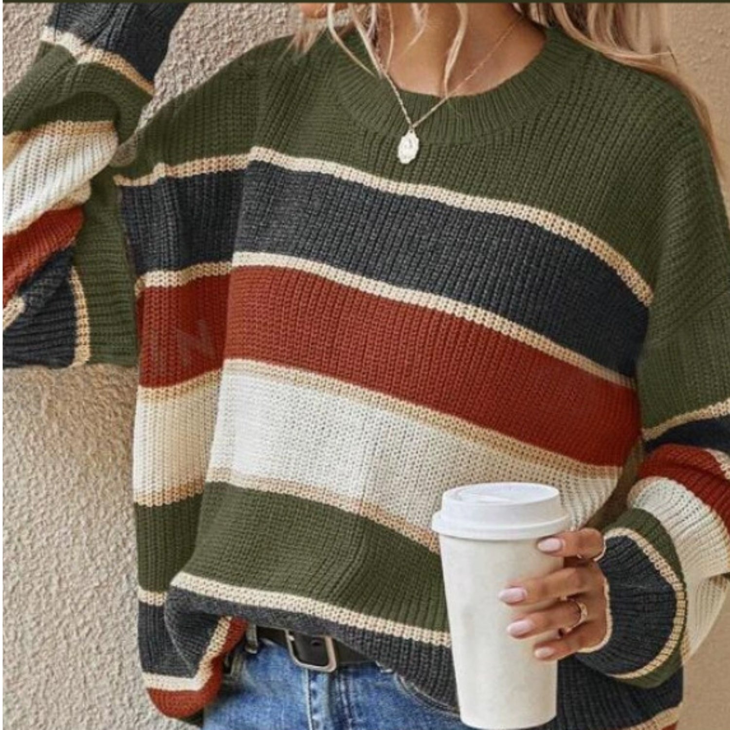 Striped Loose Fit Crew Neck Sweater (Women’s)