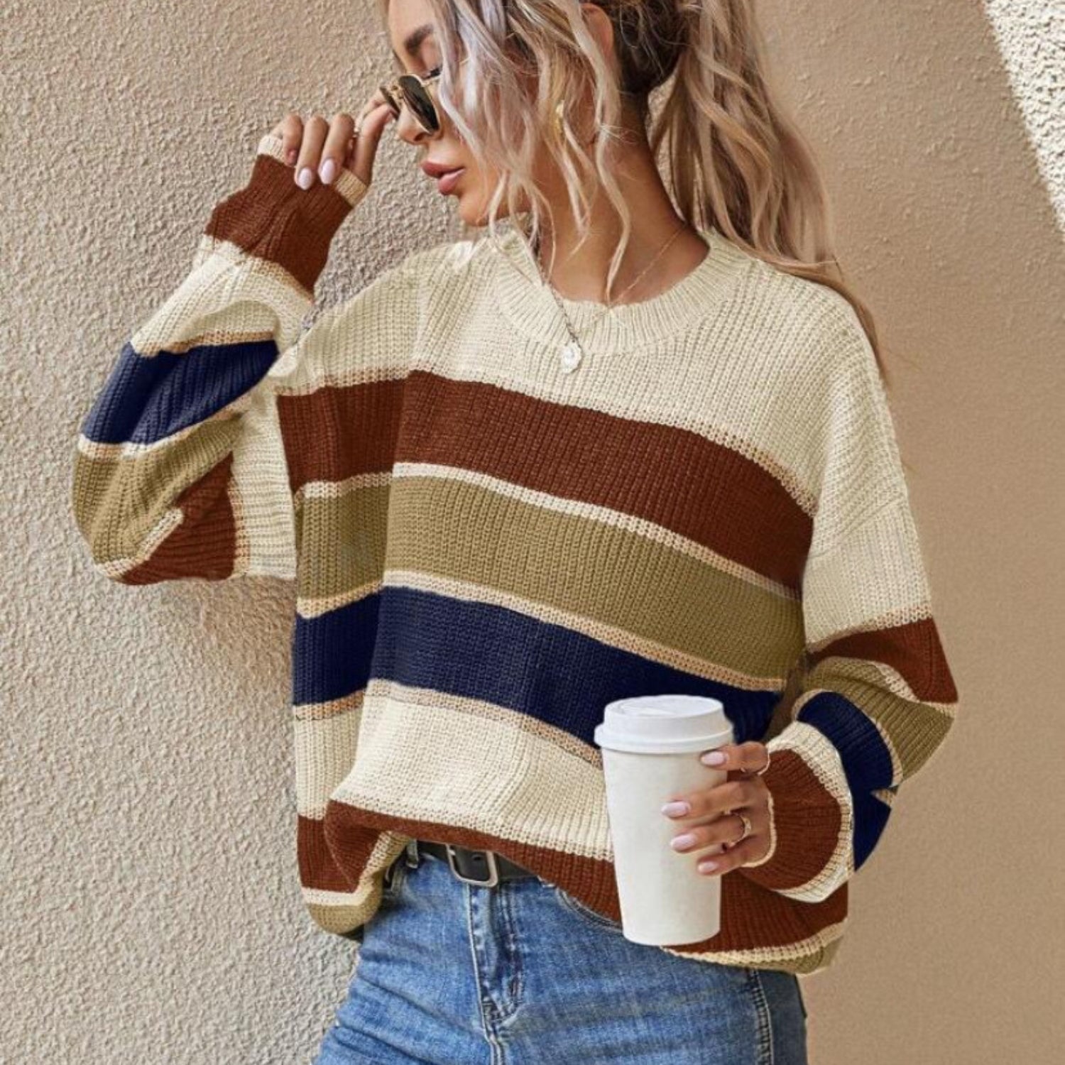 Striped Loose Fit Crew Neck Sweater (Women’s)