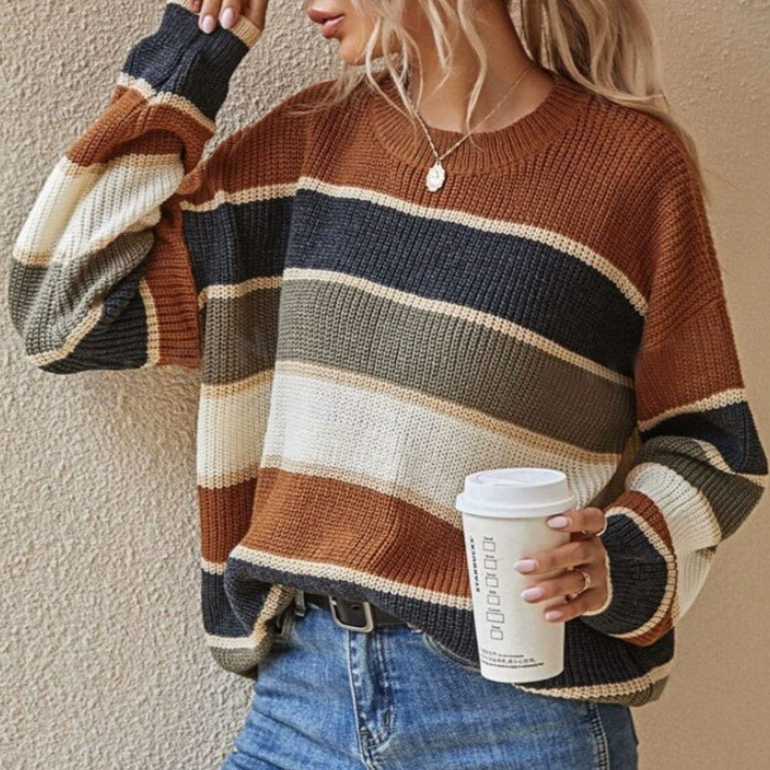 Striped Loose Fit Crew Neck Sweater (Women’s)