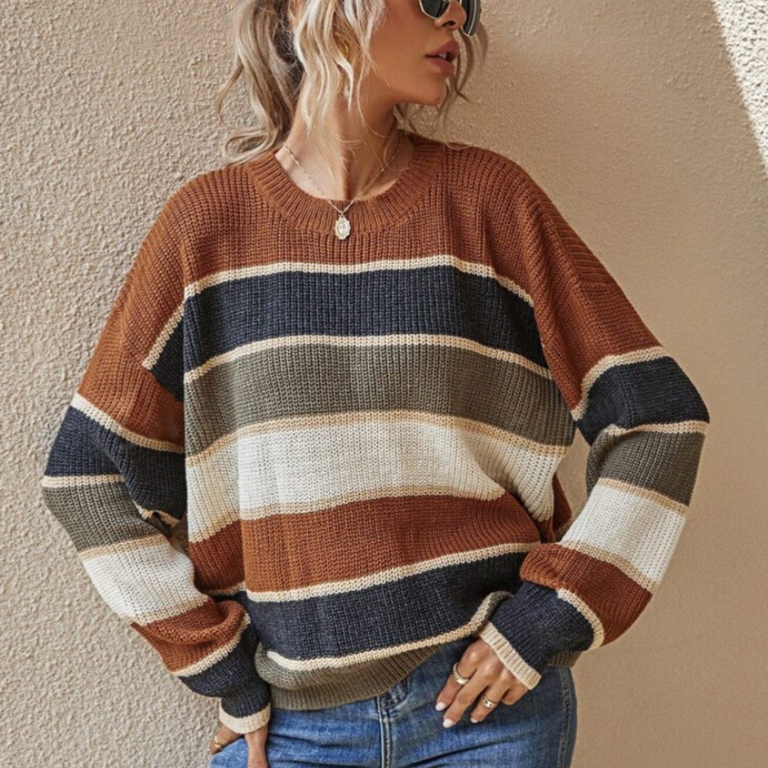 Striped Loose Fit Crew Neck Sweater (Women’s)