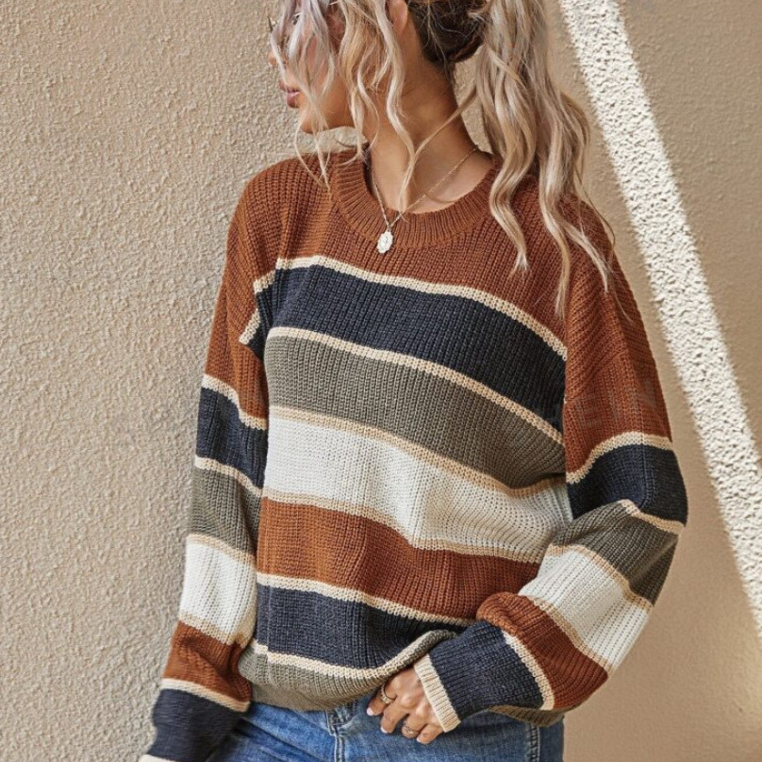 Striped Loose Fit Crew Neck Sweater (Women’s)