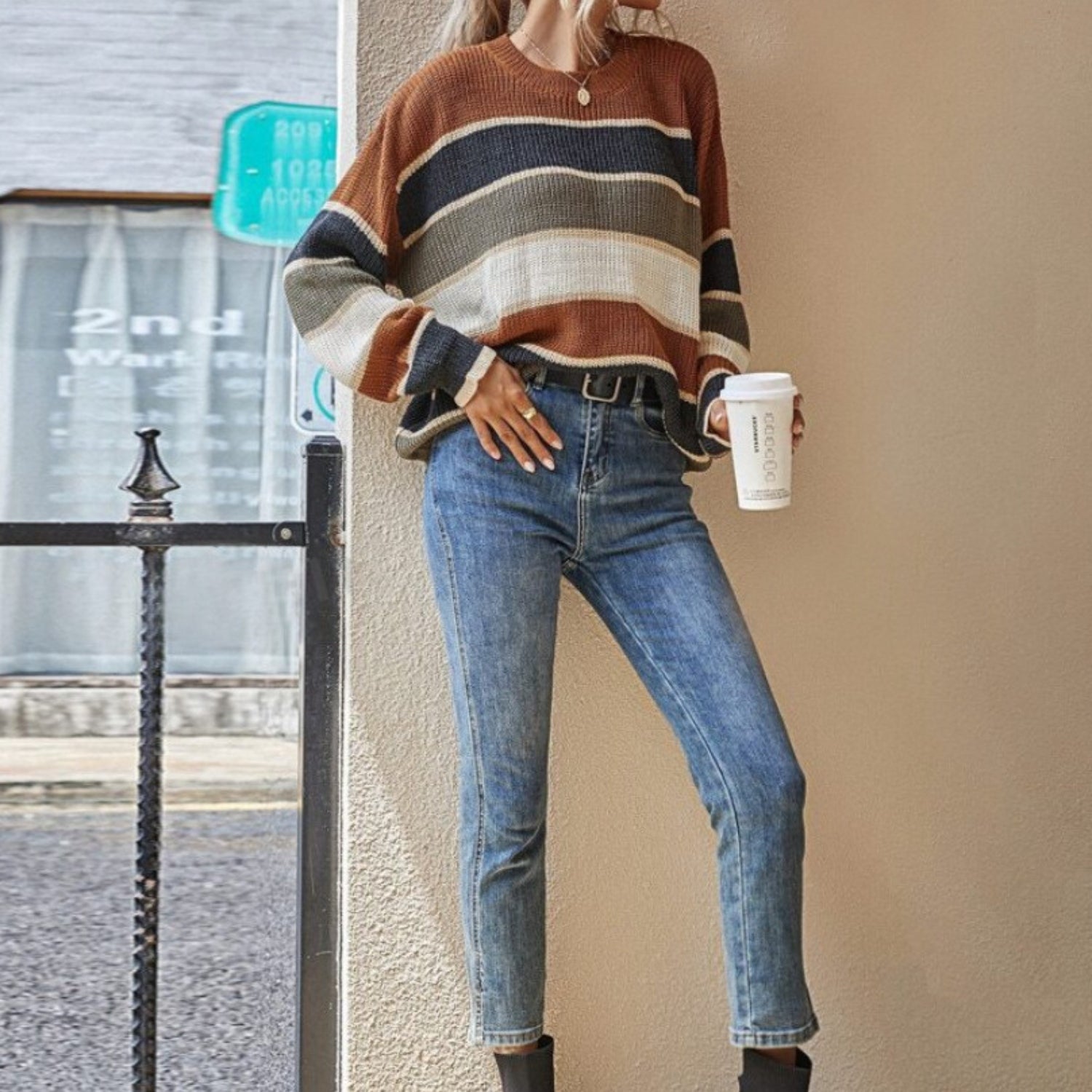 Striped Loose Fit Crew Neck Sweater (Women’s)