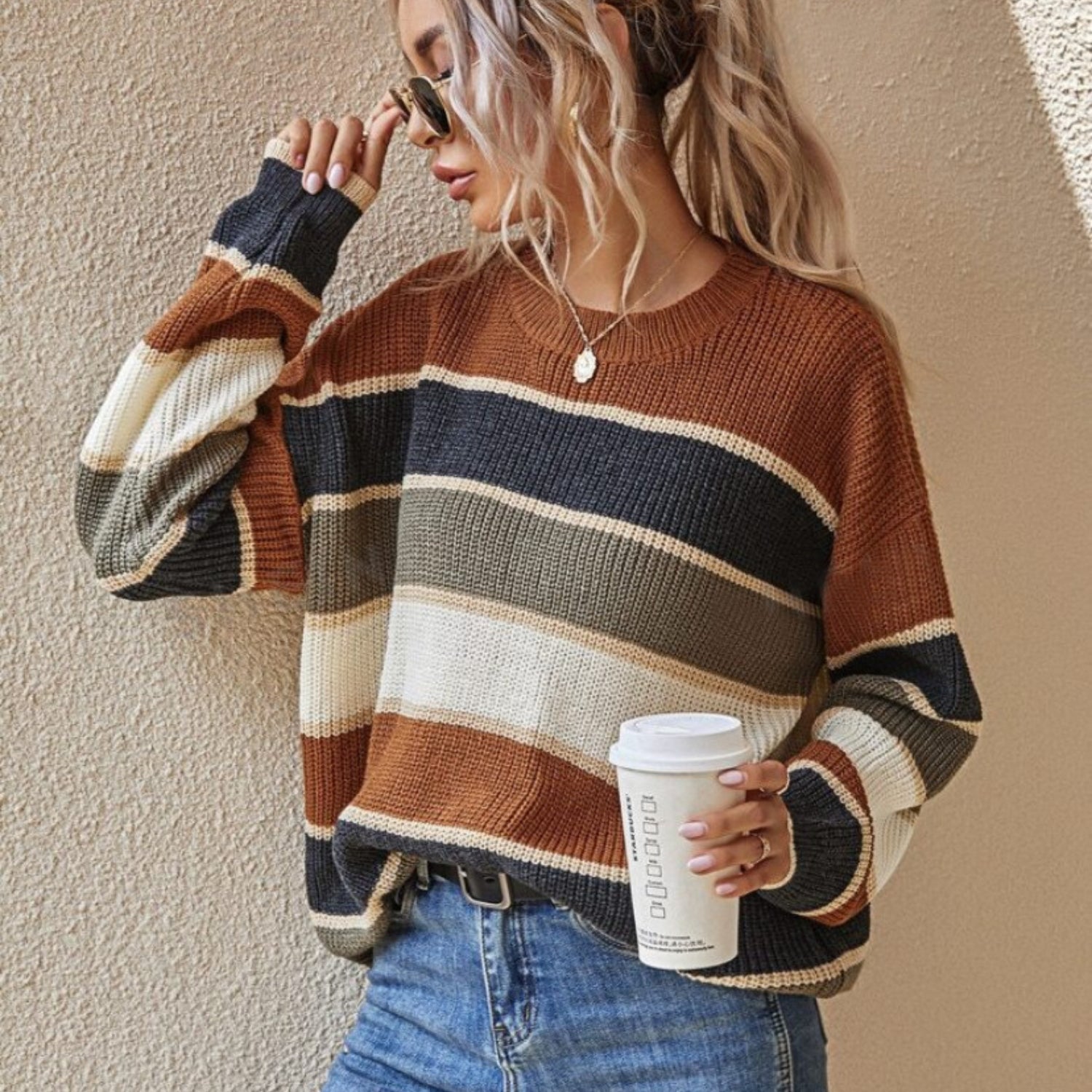 Striped Loose Fit Crew Neck Sweater (Women’s)
