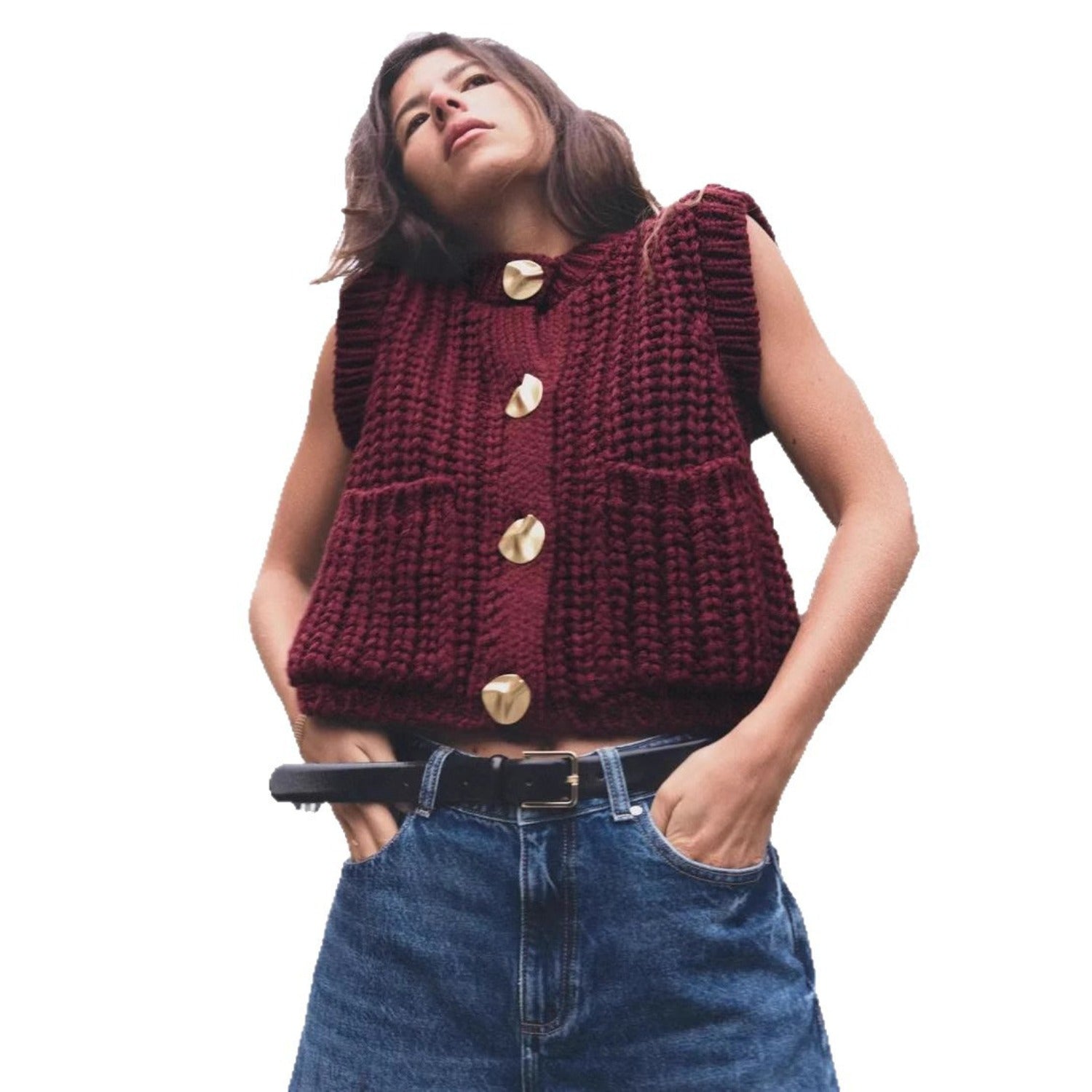 Sleeveless Knit Vest With V-neck and Patch Pockets (Women’s)
