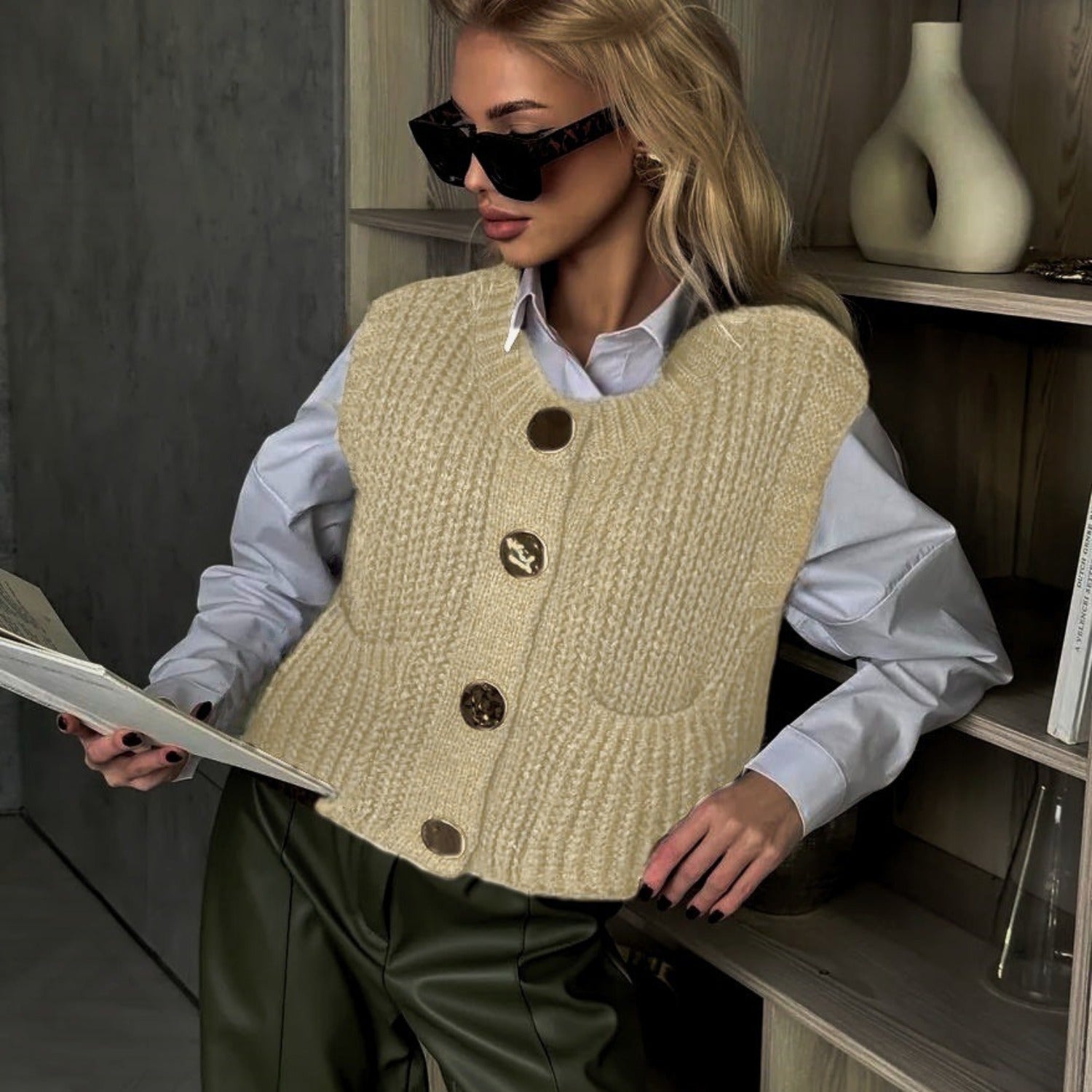 Sleeveless Knit Vest With V-neck and Patch Pockets (Women’s)