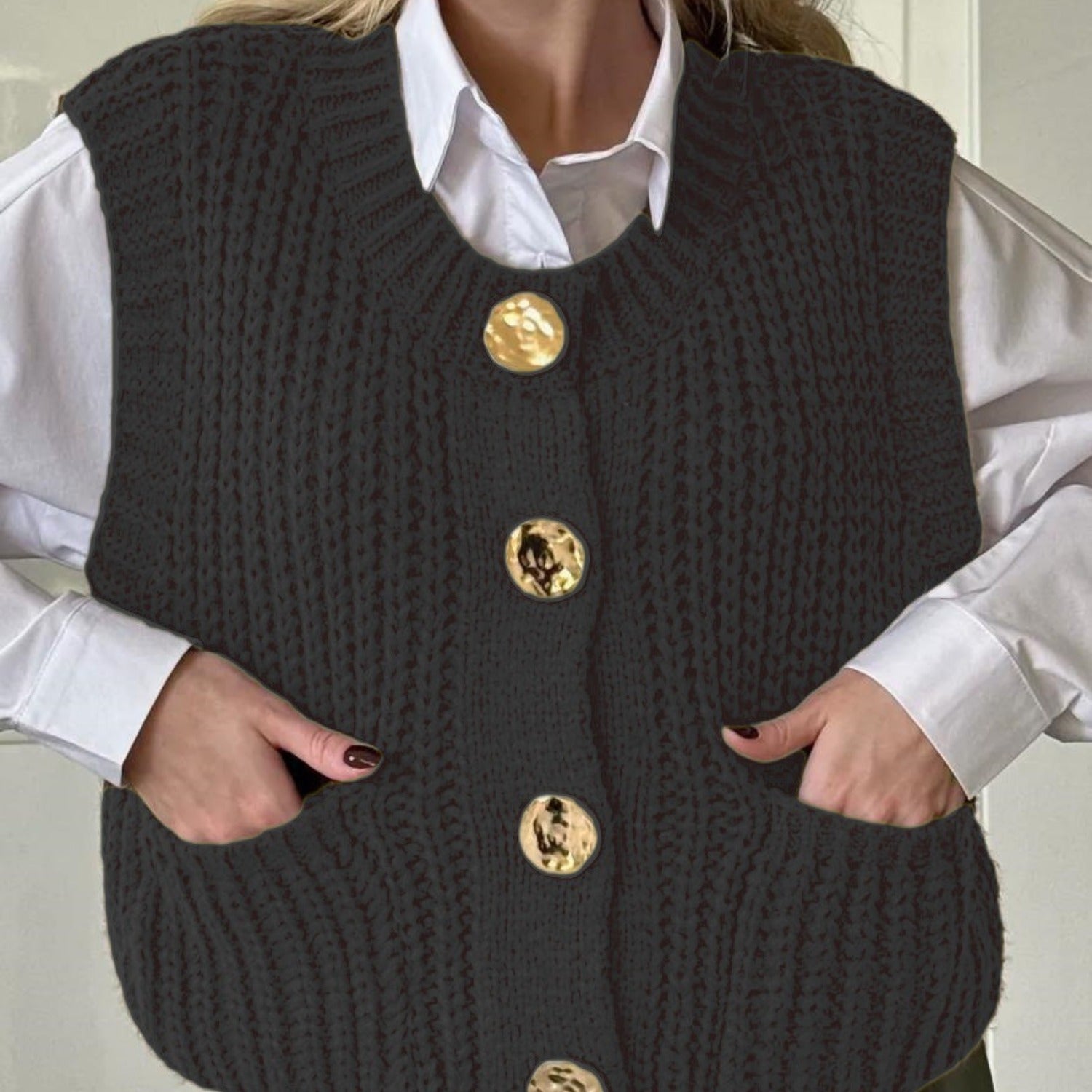 Sleeveless Knit Vest With V-neck and Patch Pockets (Women’s)
