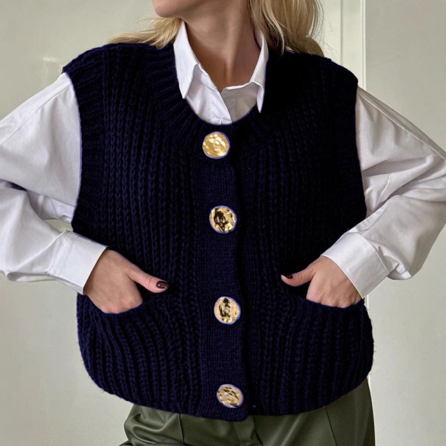 Sleeveless Knit Vest With V-neck and Patch Pockets (Women’s)