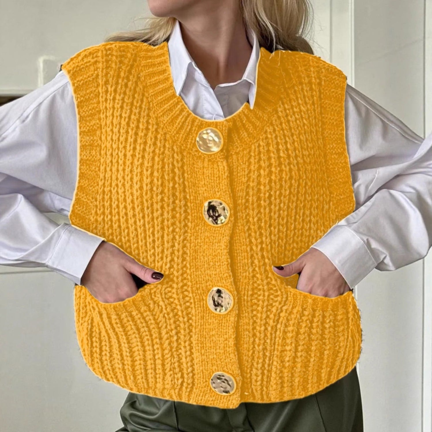 Sleeveless Knit Vest With V-neck and Patch Pockets (Women’s)