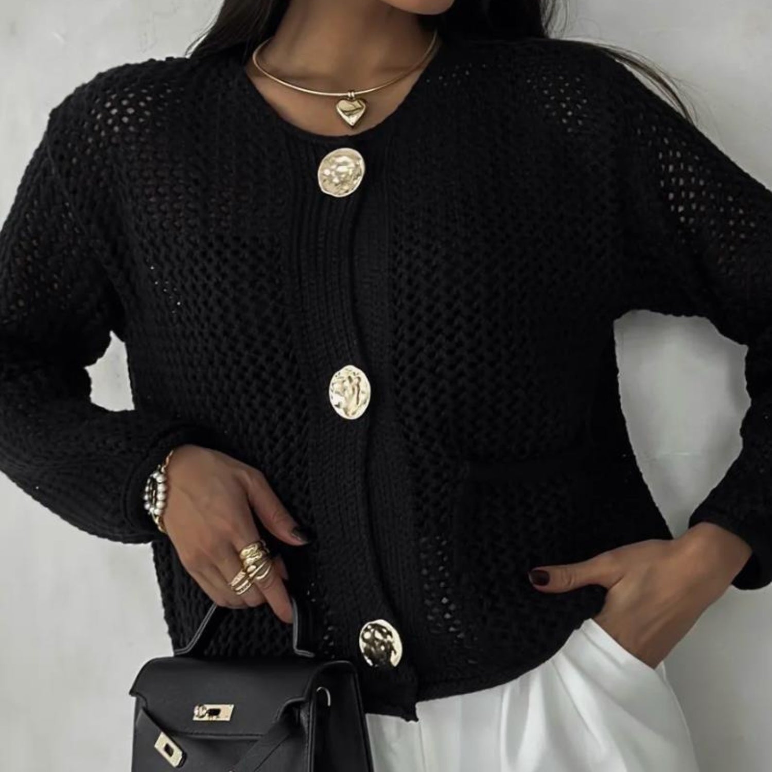 Textured Knit Cardigan With Gold-Tone Buttons (Women’s)