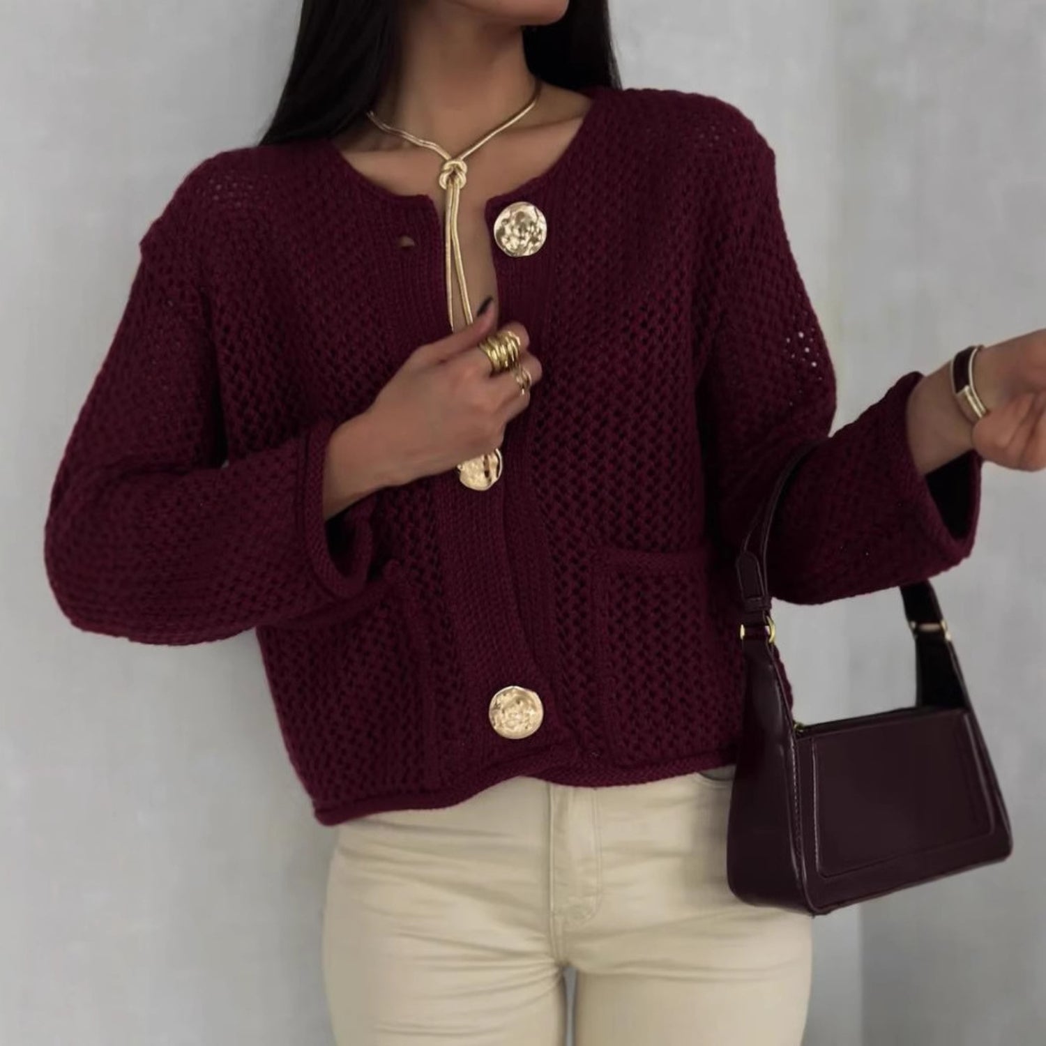 Textured Knit Cardigan With Gold-Tone Buttons (Women’s)