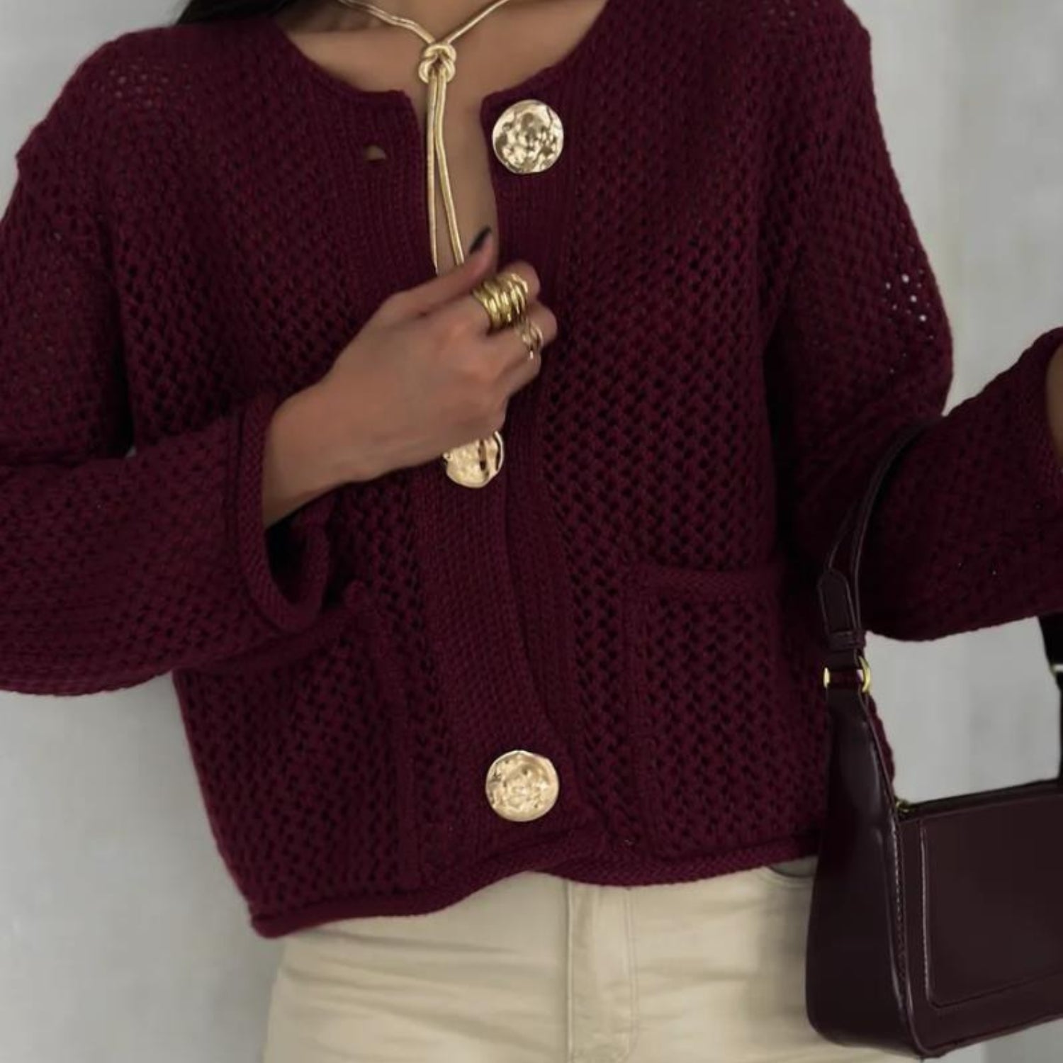 Textured Knit Cardigan With Gold-Tone Buttons (Women’s)
