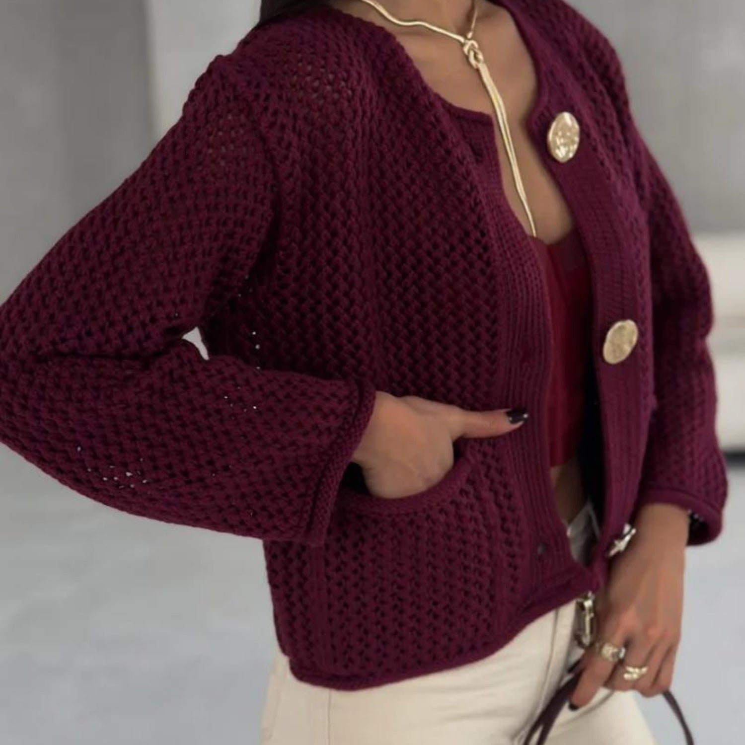 Textured Knit Cardigan With Gold-Tone Buttons (Women’s)