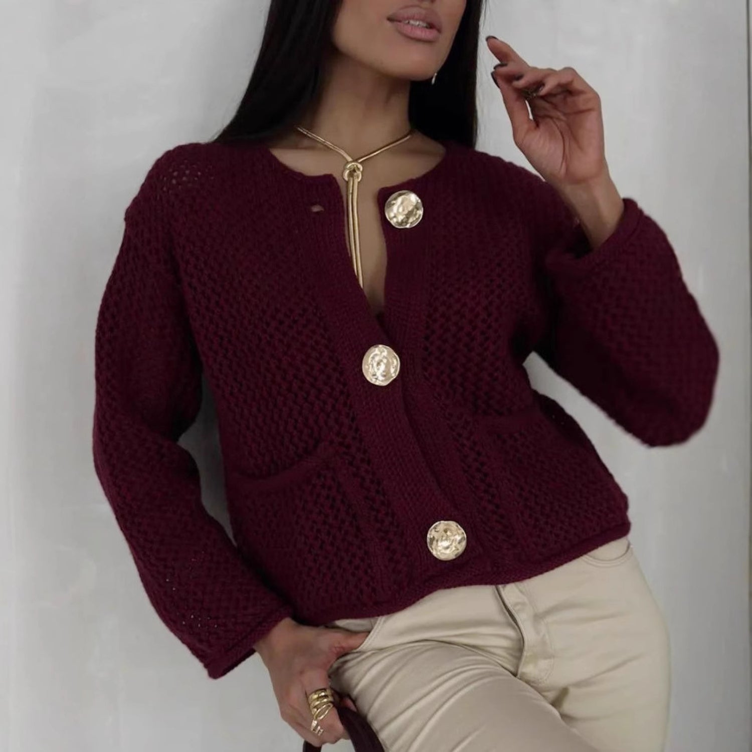 Textured Knit Cardigan With Gold-Tone Buttons (Women’s)