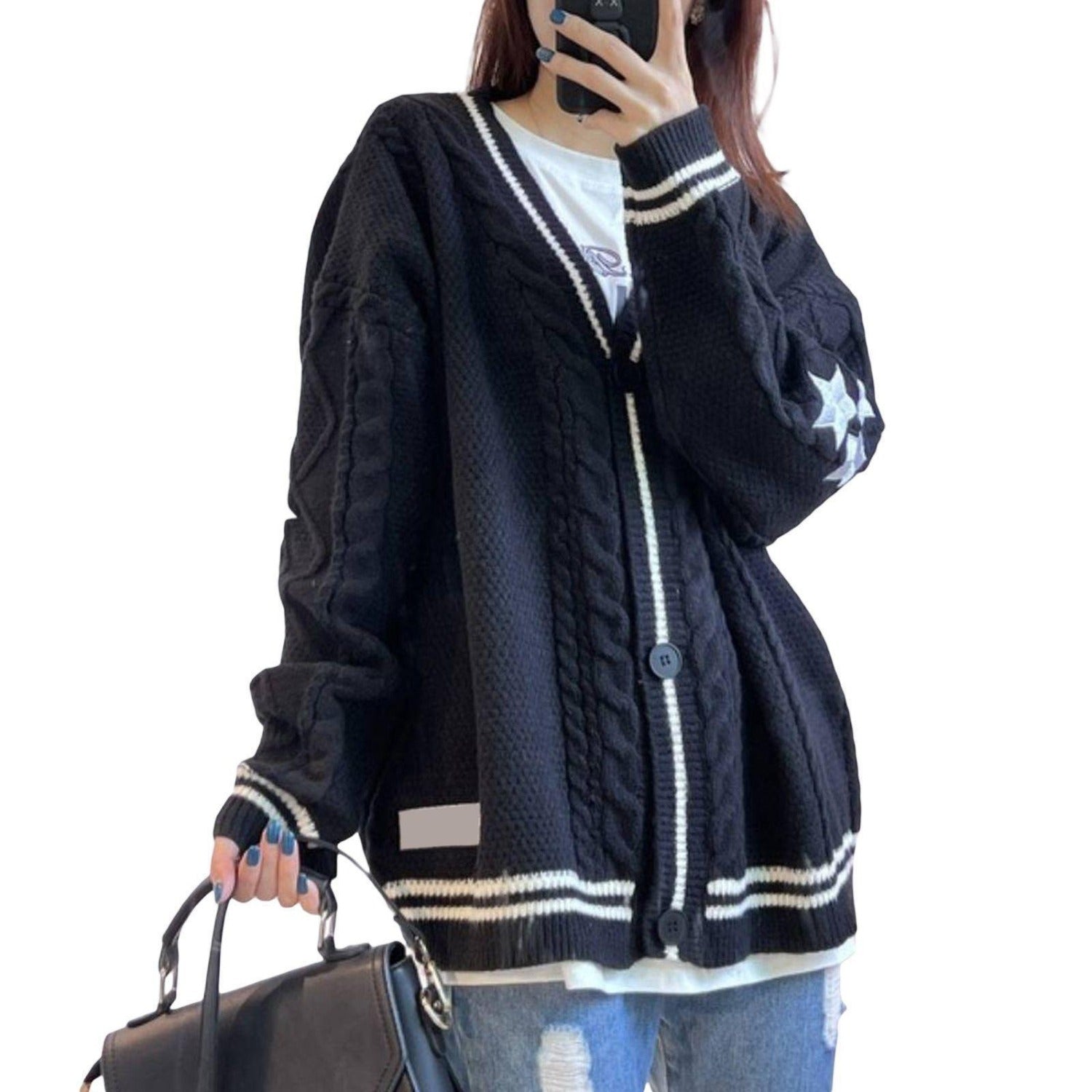 Long Sleeve V-neck Knit Cardigan With Single-breasted Closure (Women’s)