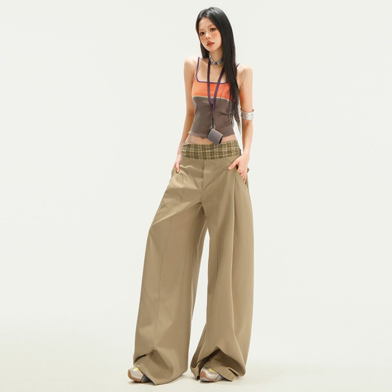Khaki Plaid Patchwork Wide-Leg Pants (Women’s)