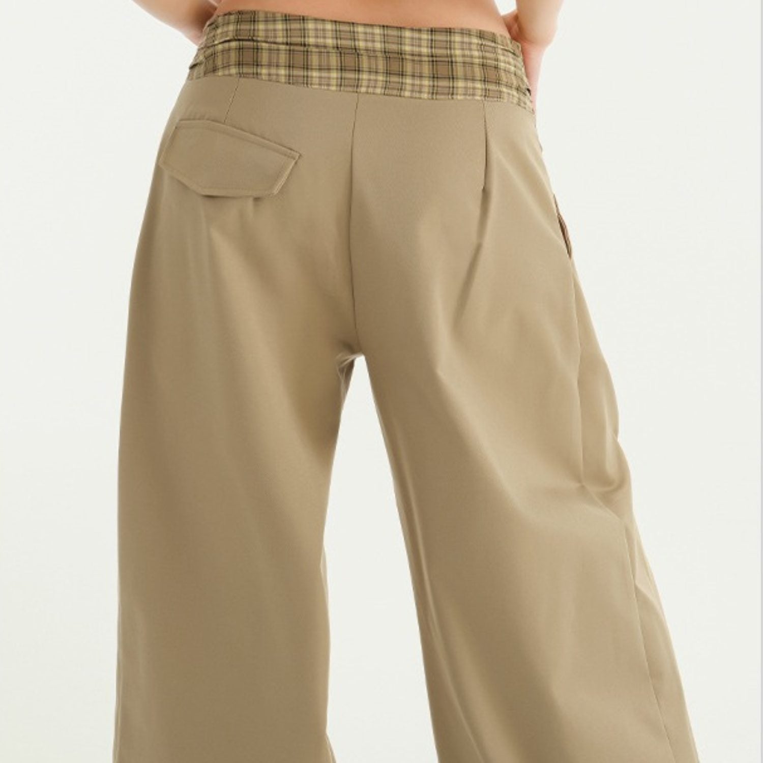 Khaki Plaid Patchwork Wide-Leg Pants (Women’s)