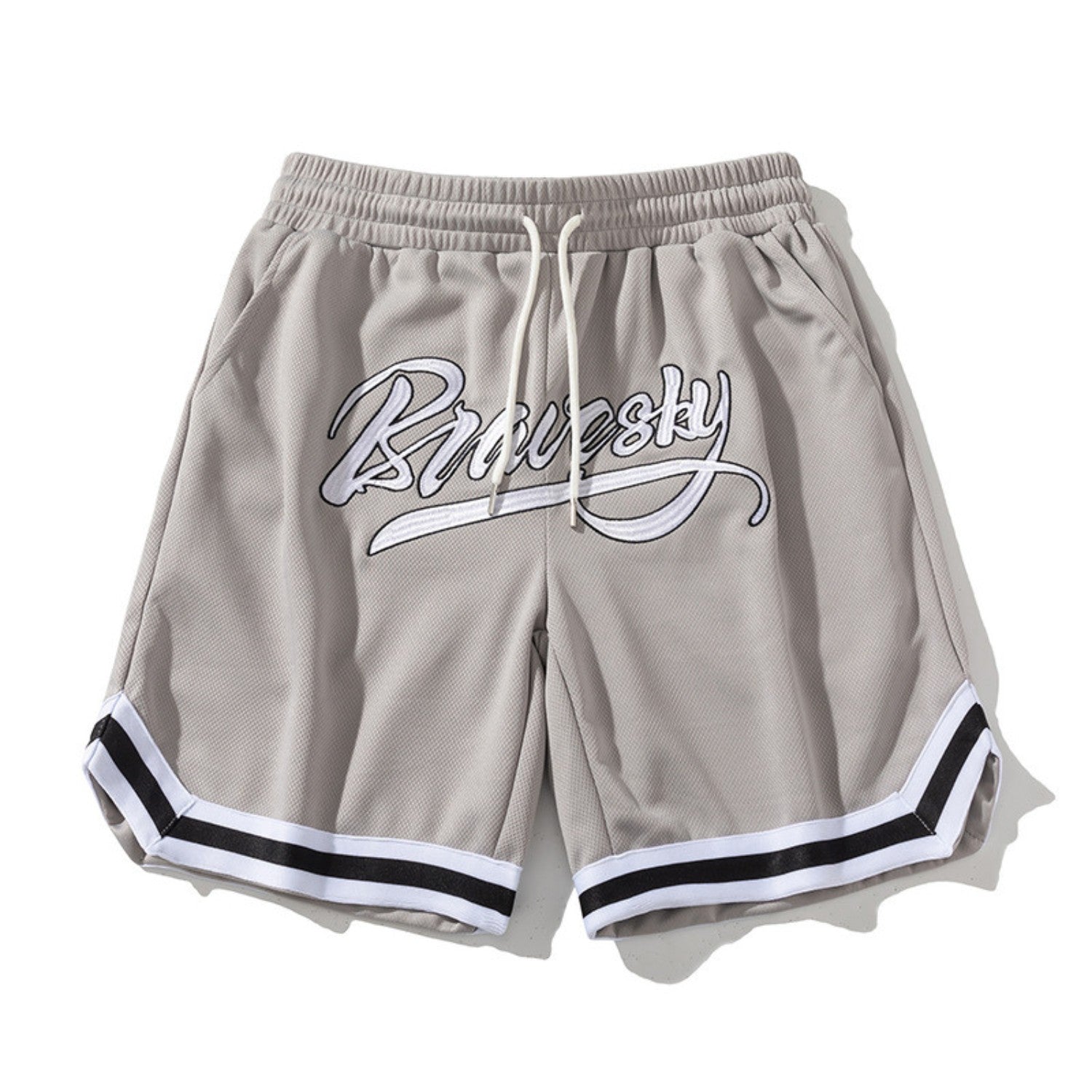 Gray shorts with 'Brewsky' logo on a white background
