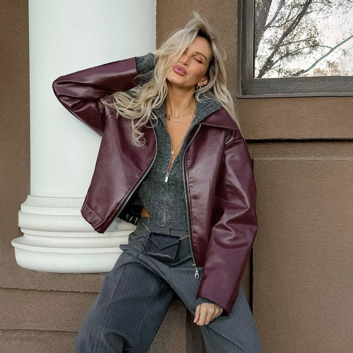 Retro Faux Leather Biker Jacket With Lapel Collar and Zip Front (Women’s)