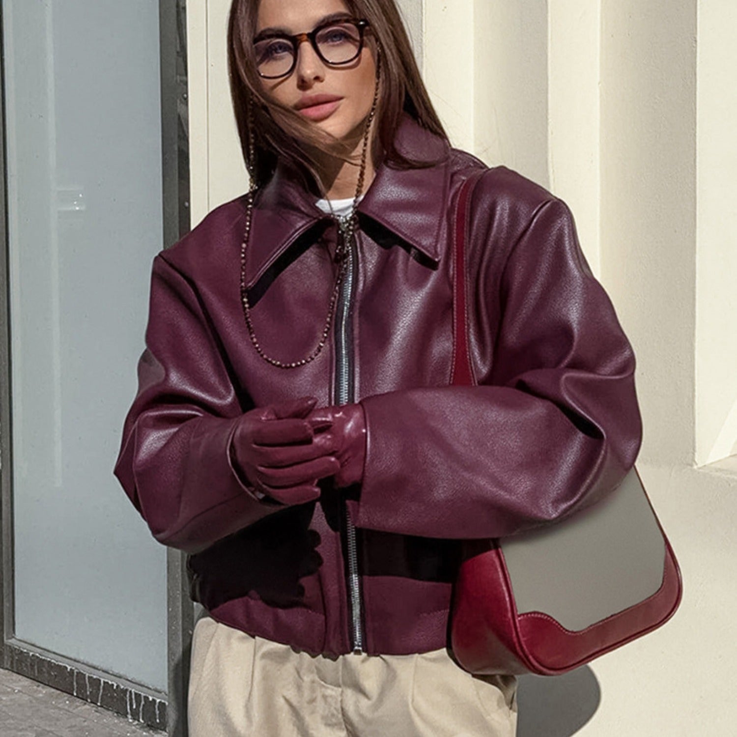 Retro Faux Leather Biker Jacket With Lapel Collar and Zip Front (Women’s)