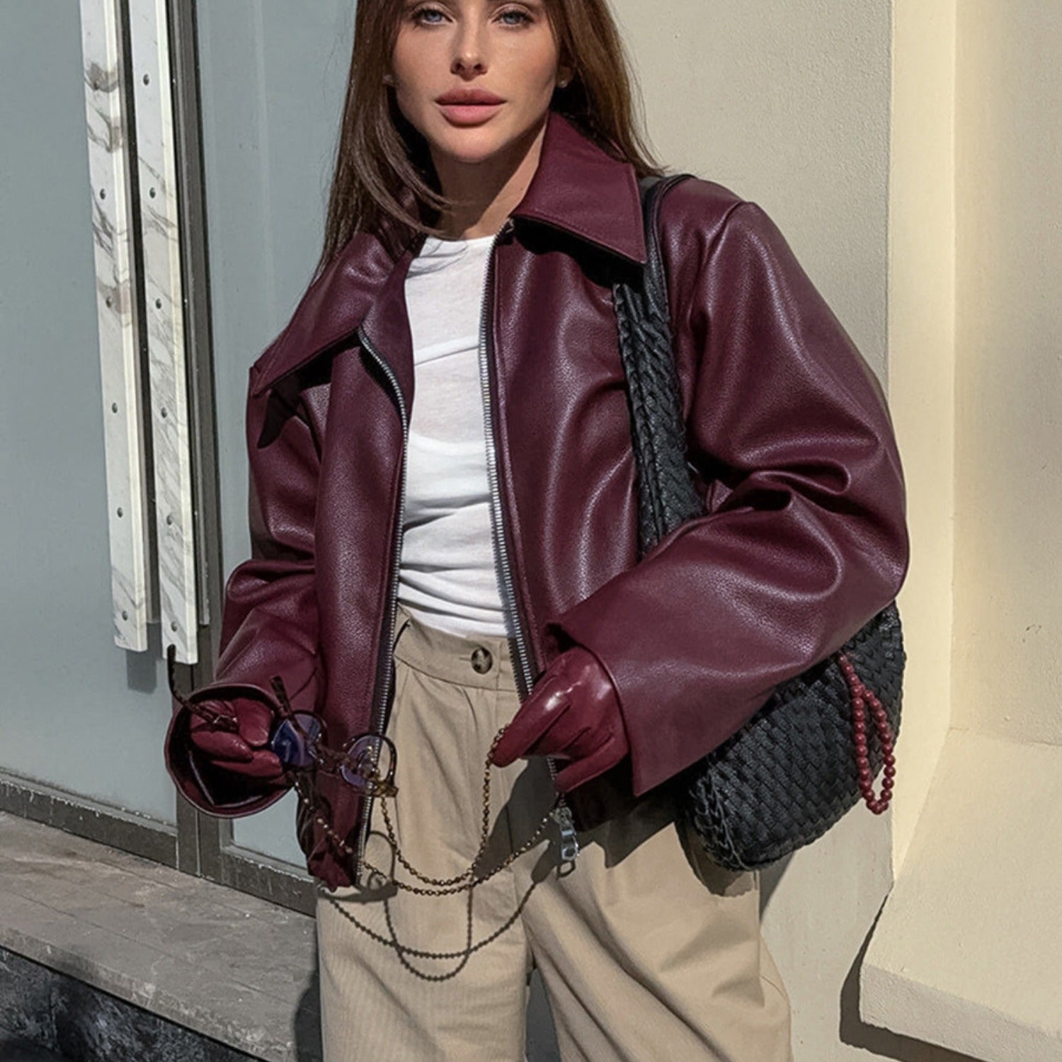 Retro Faux Leather Biker Jacket With Lapel Collar and Zip Front (Women’s)