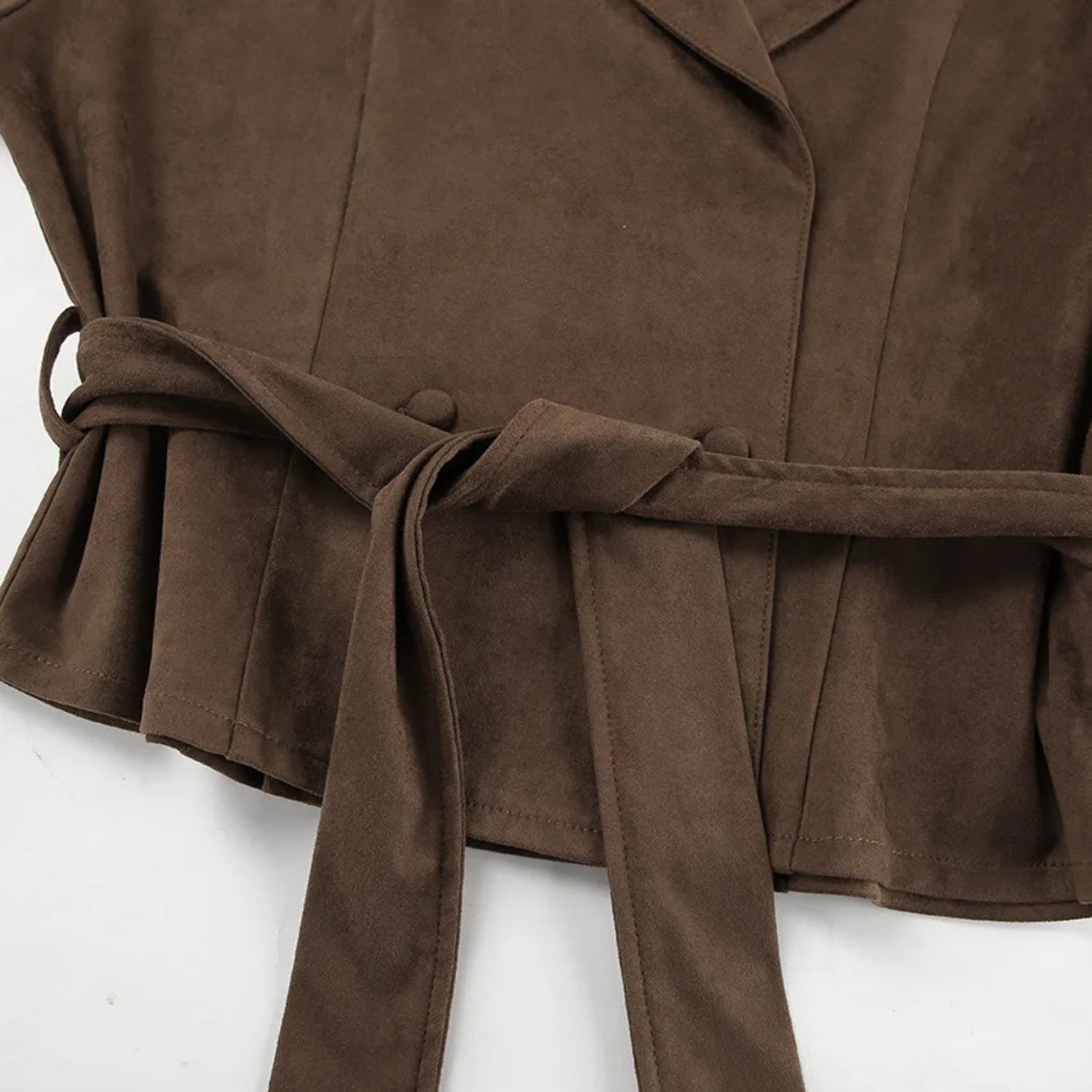 Double-breasted Suede Jacket With Suit Collar and Waist Tie (Women’s)