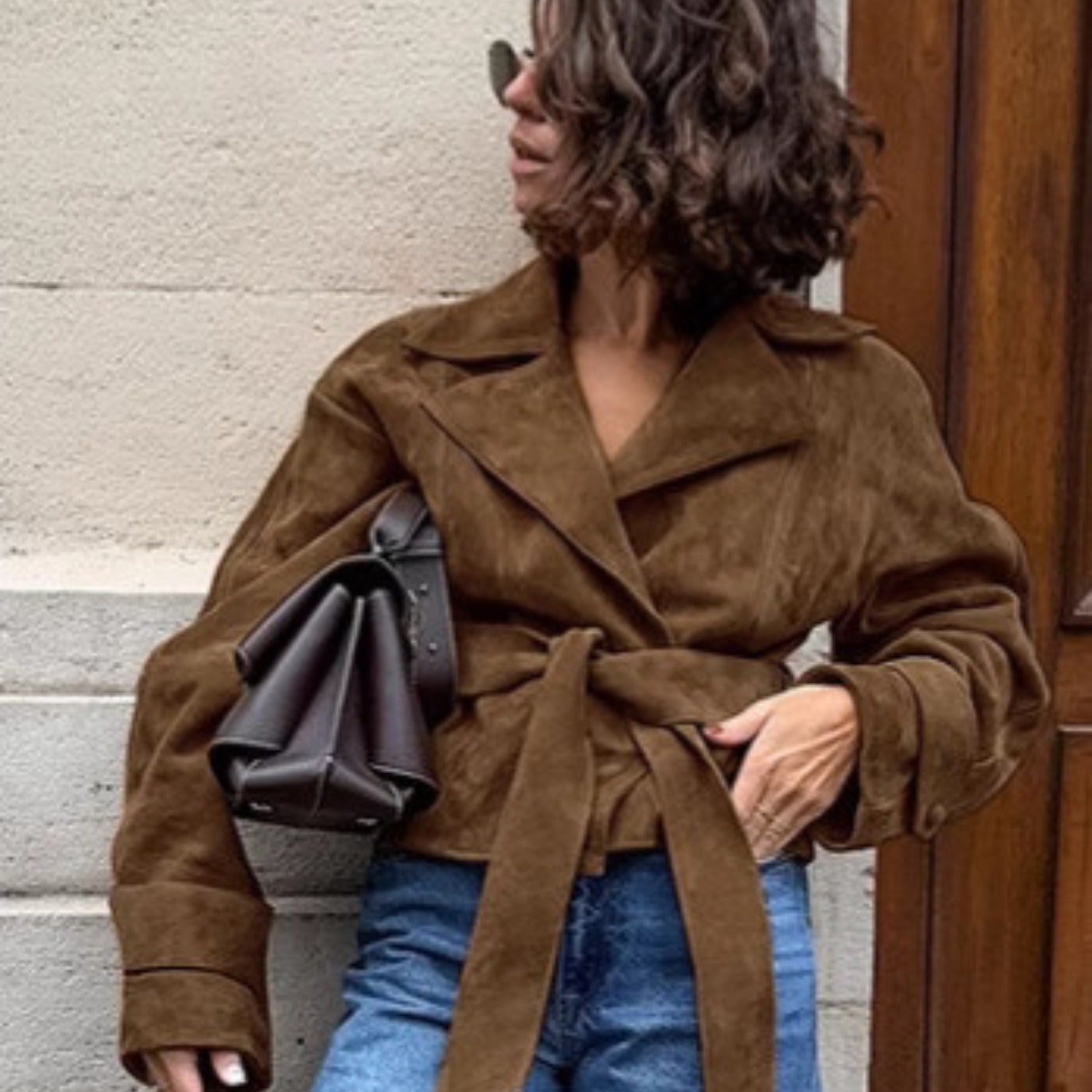 Double-breasted Suede Jacket With Suit Collar and Waist Tie (Women’s)