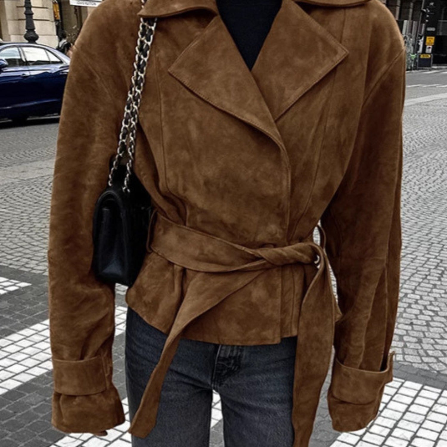 Double-breasted Suede Jacket With Suit Collar and Waist Tie (Women’s)