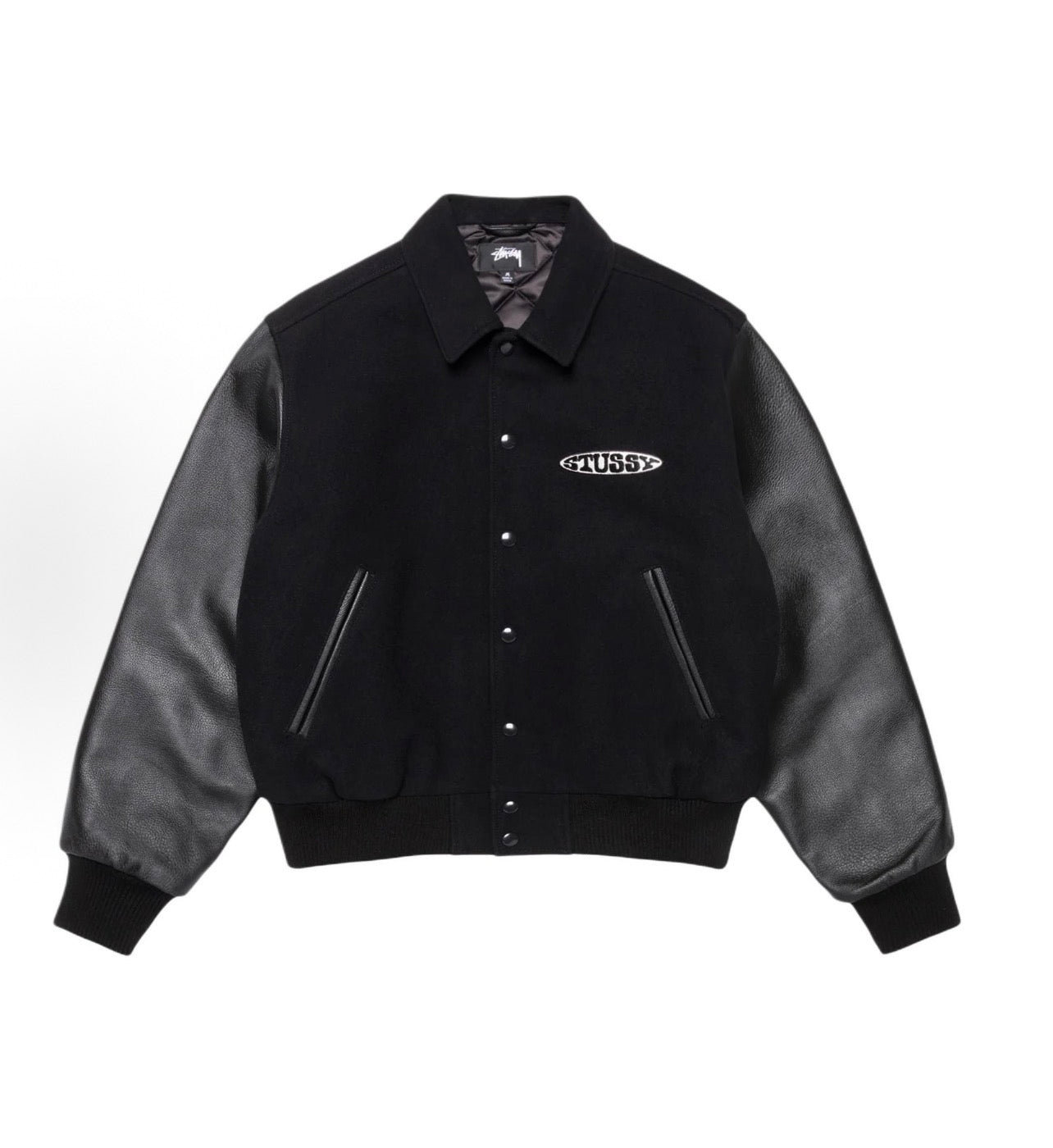 Stussy Black Globe Varsity Leather Bomber Jacket (Unisex)