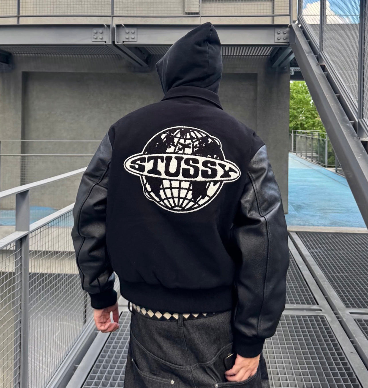 Stussy Black Globe Varsity Leather Bomber Jacket (Unisex)